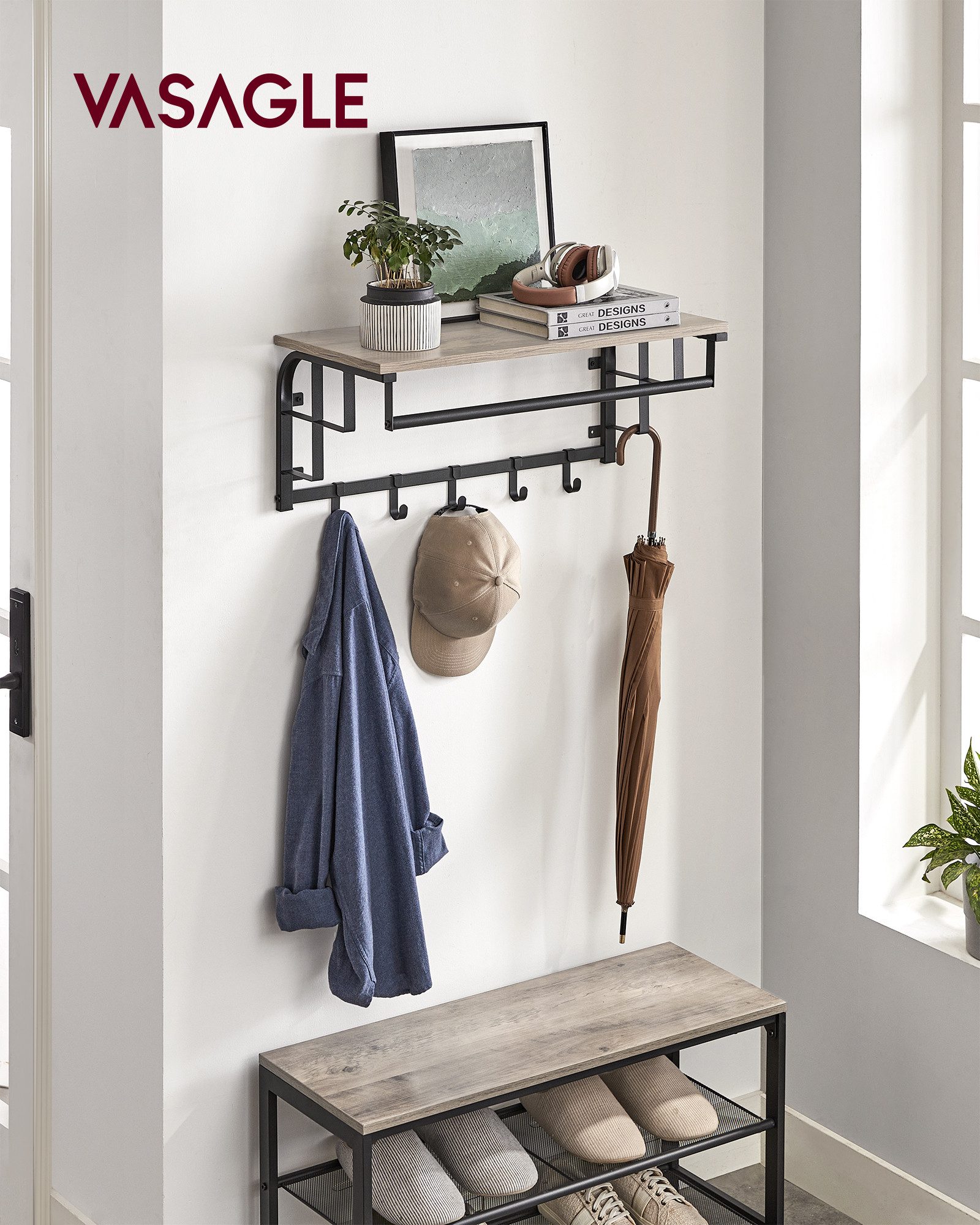 VASAGLE Wandgarderobe, Wandregal mit Haken, Länge 66 - 80 cm günstig online kaufen