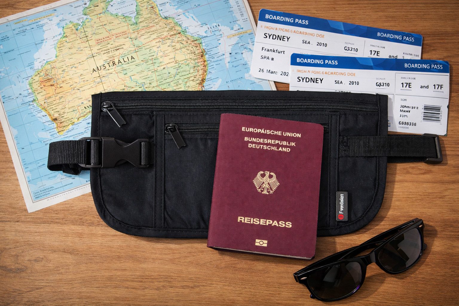 Traveller Bauchtasche Geldgürtel 2 Fächer Reisepass flach undercover Safe Money Belt, weicher Fleece auf der Rückseite