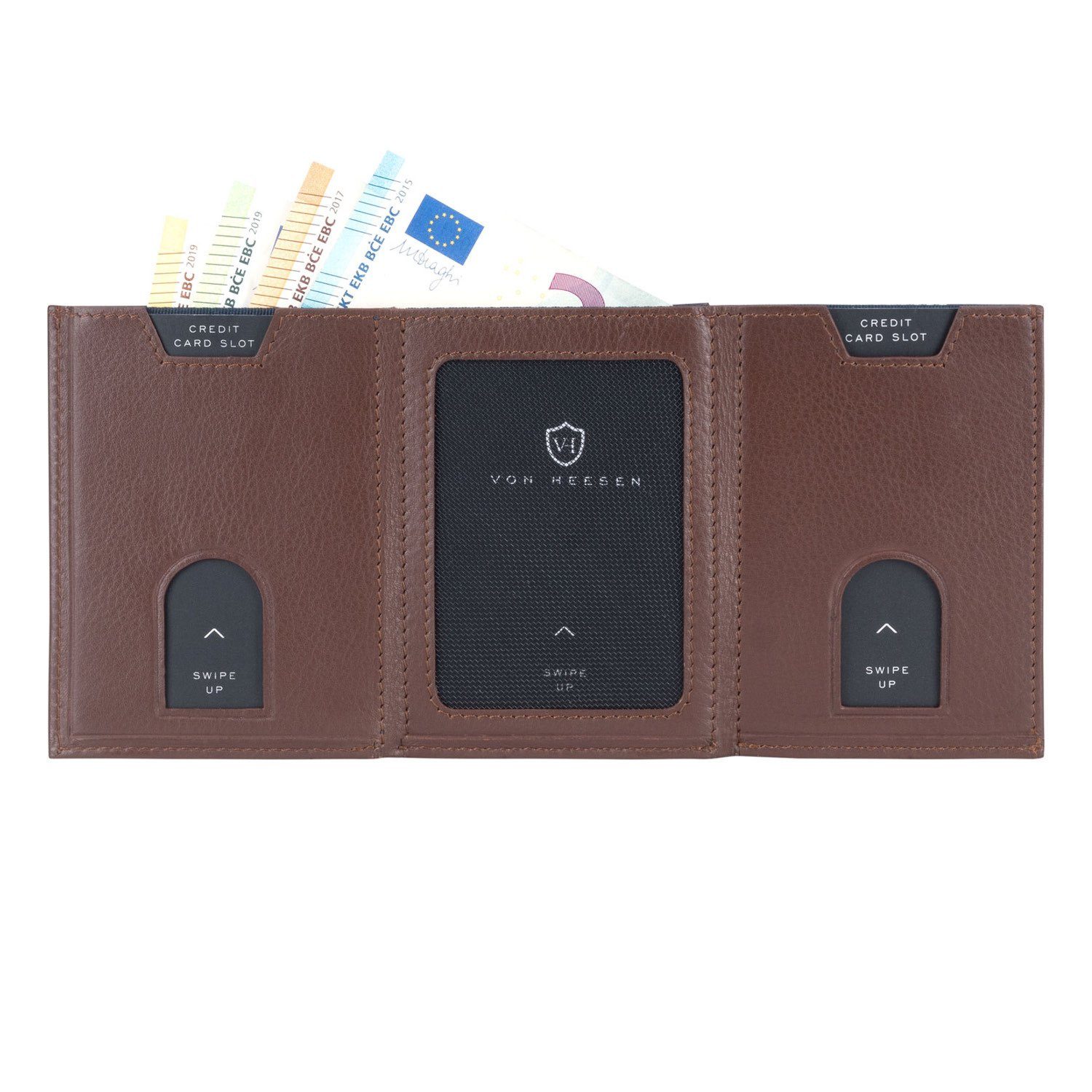 VON HEESEN Geldbörse Whizz Wallet inkl. & Geschenkbox Braun 5 Kartenfächer Wallet Slim Geldbeutel Portemonnaie mit & RFID-Schutz Mini-Münzfach