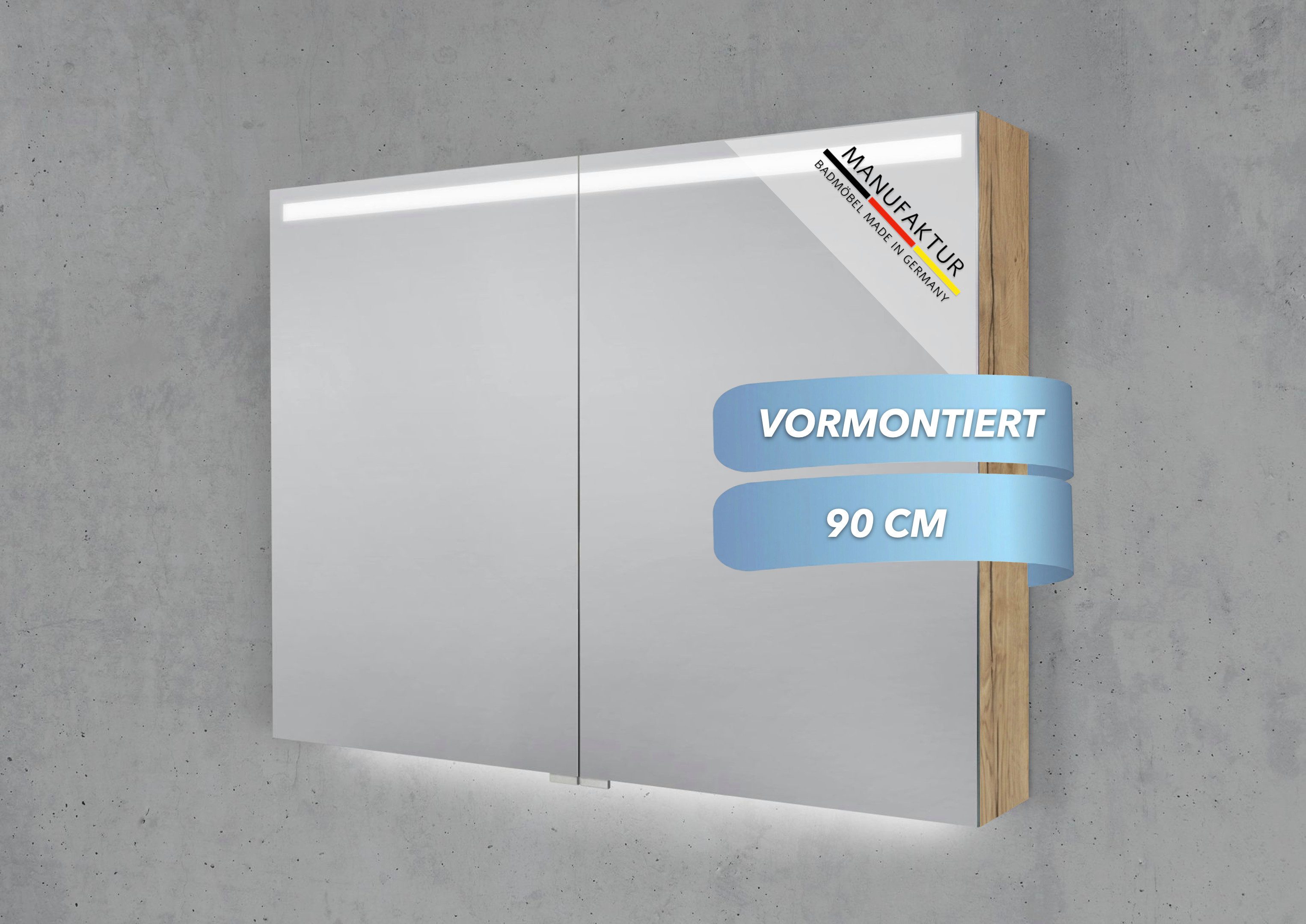 Intarbad Badezimmerspiegelschrank 2-türiger Spiegelschrank mit integrierter MULTI LED Beleuchtung (Doppelspiegeltüren, Holz-/ Lackdekore, Maße von 90 bis 120 cm wählbar, Höhe 70 cm, Glasfachböden, Magnetleiste & Kosmetikspiegel Ø 12 cm) Vormontierte Lieferung, Floatglas, 160 kg Traglast, Made in Germany
