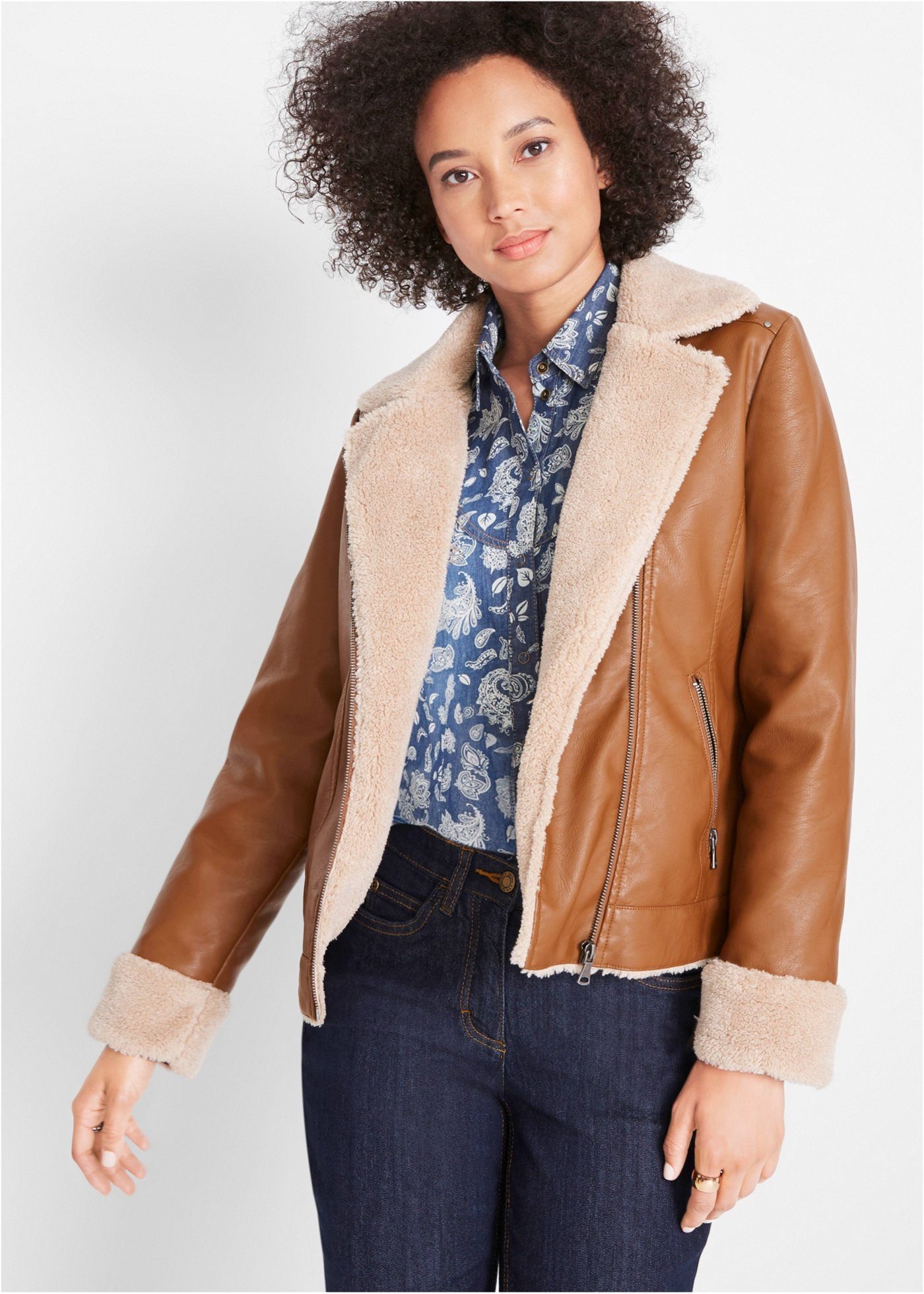bonprix Langjacke »Modern gefütterte Lederimitat Jacke« (1 Modern gefütterte Lederimitat Jacke schwarz