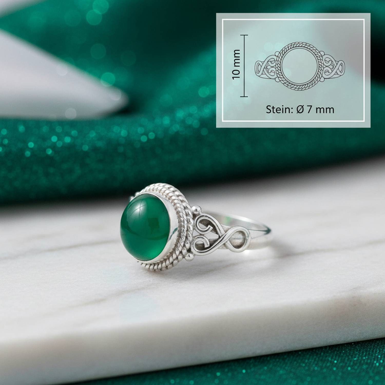 mantraroma Silberring BAGHIMI rund aus 925 Silber mit grünen Onyx (Ring mit Schmuckbeutel), Damenring aus 925er Silber