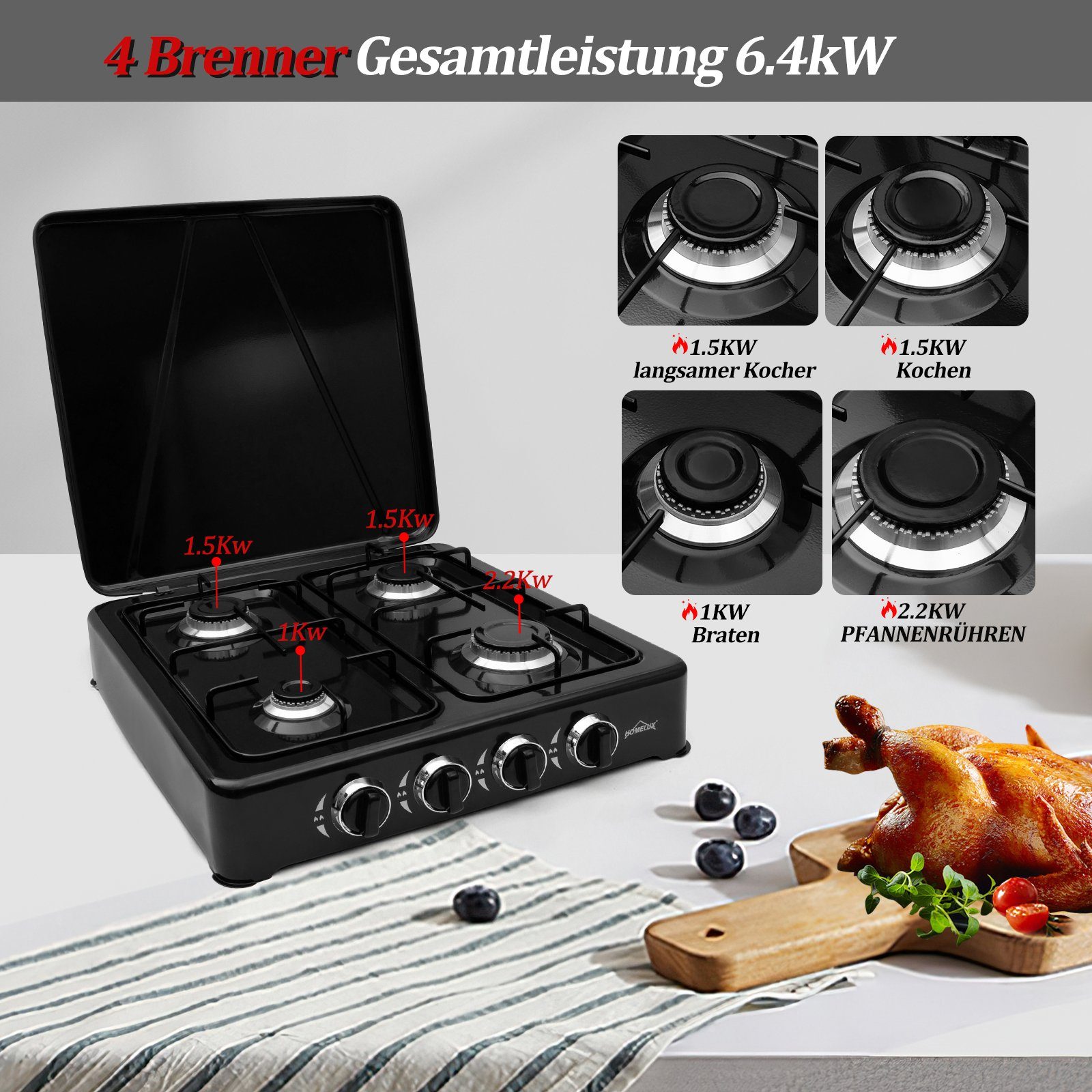 HOMELUX Gaskocher 6,2 KW Gaskocher, 4 Flammig Campingkocher Kochfeld, (2,2 kW + 2x 1,5 kW + 1,0 kW), Gaskocher mit Schlauch-Anschluss und Druckmindere