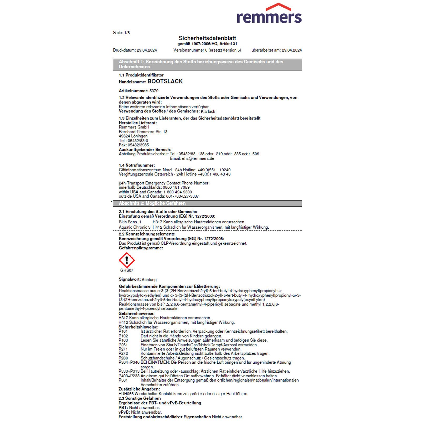 Remmers Klarlack BOOTSLACK - 0.375 LTR