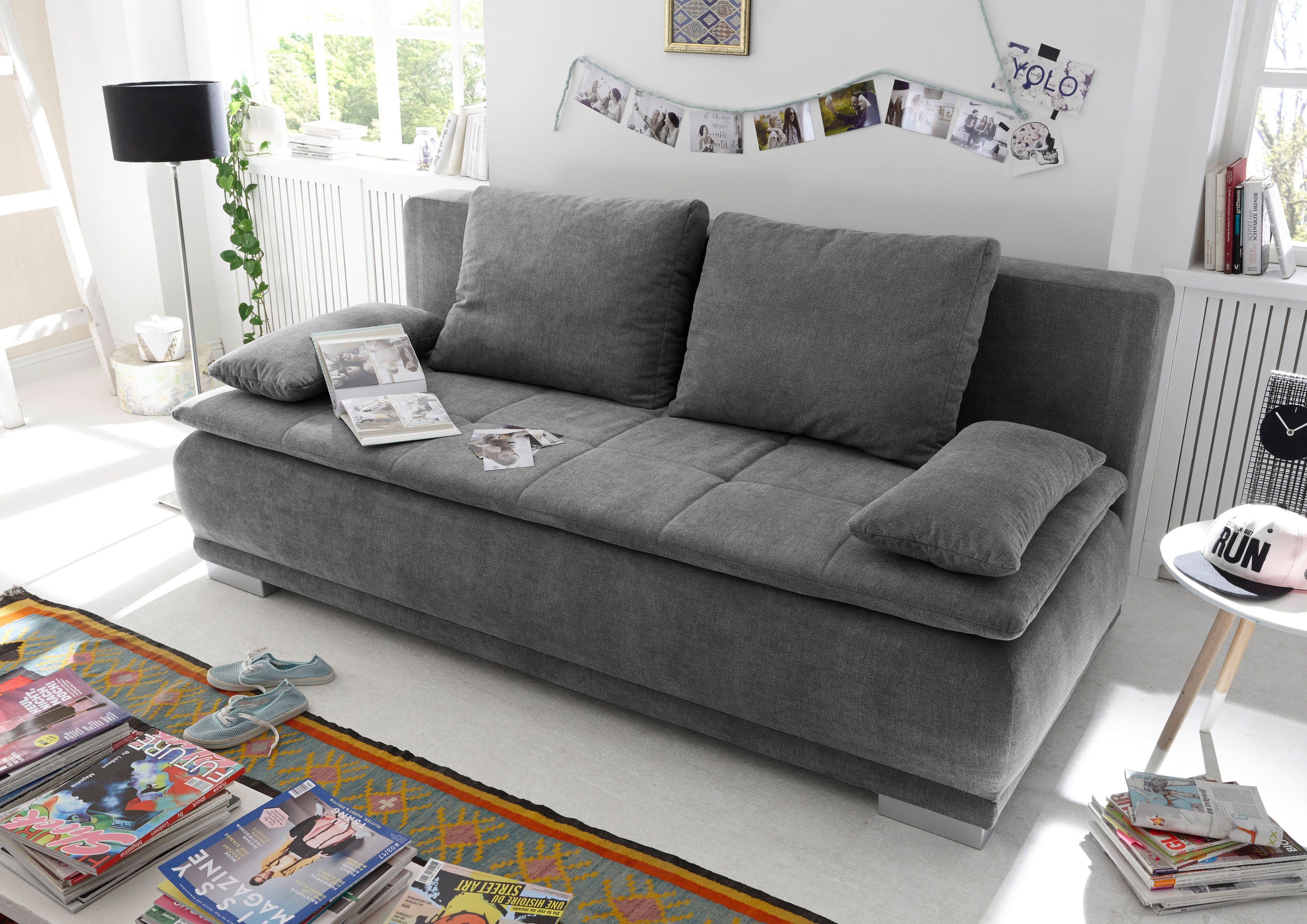 Luigi, Rücken- Uran im mit Bettfunktion, frei ED EXCITING Bettkasten, Armlehnkissen, grey Schlafsofa dark DESIGN 03 Raum und