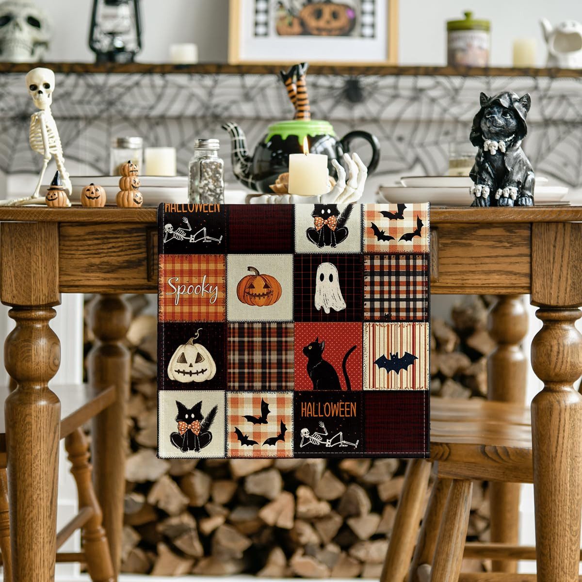 Bomiclss Tischläufer Halloween Tischläufer mit schwarzer Katze, Fledermaus- und Kürbismotiv, Tischdekoration für Halloween, Party und Esstisch