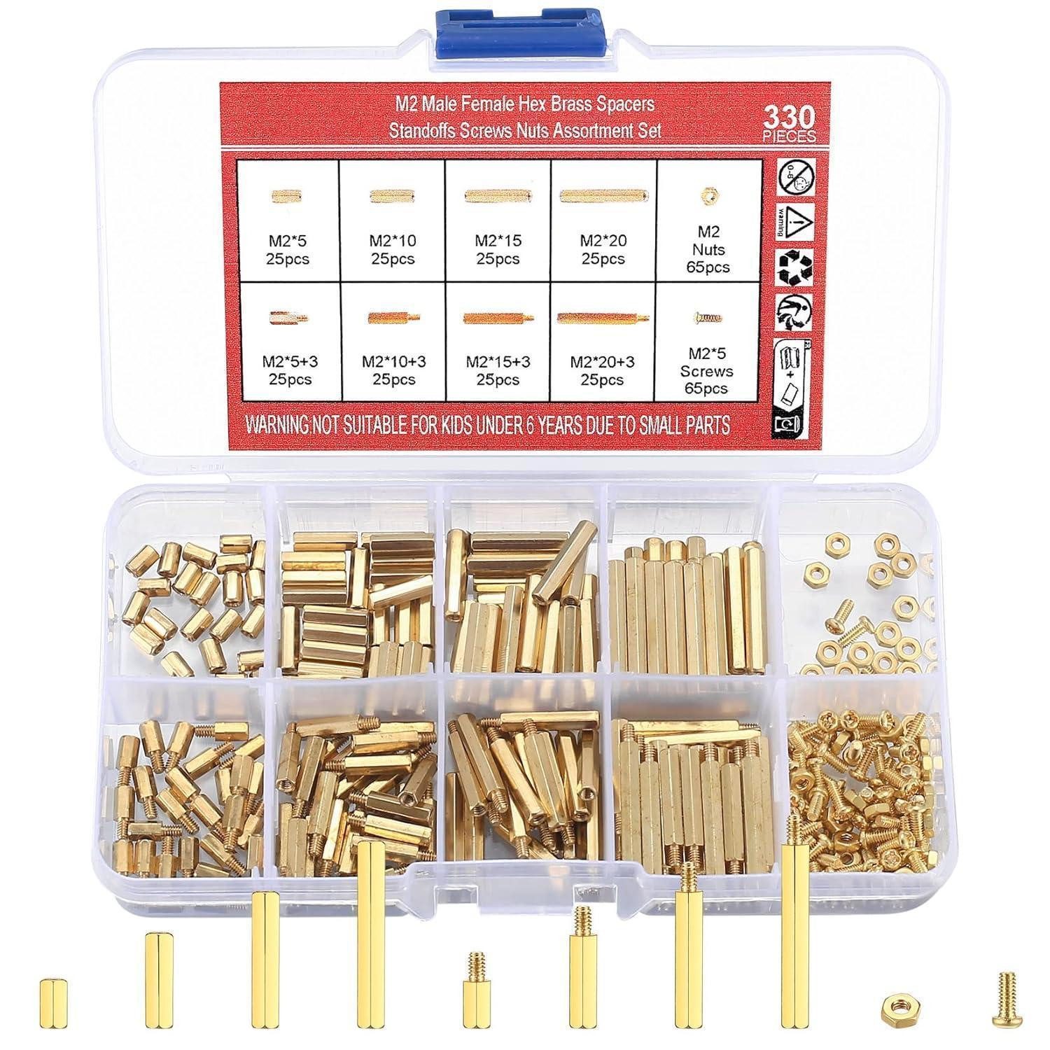 LuxusKollektion Schrauben-Set Abstandshalter Sechskant Messing M2 Sortiment 330 Stk männlich