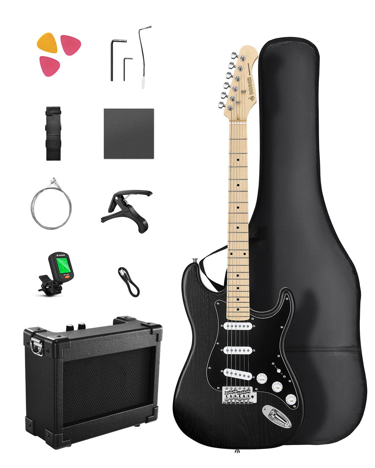 Donner E-Gitarre E-Gitarre Set Holzmaserung SSS-Tonabnehmer Umfassen Verstärker DST-80, Ergonomischem Design, Gig Bag, Stimmgerät, Riemen, Pleks, Kabel, Verstärker
