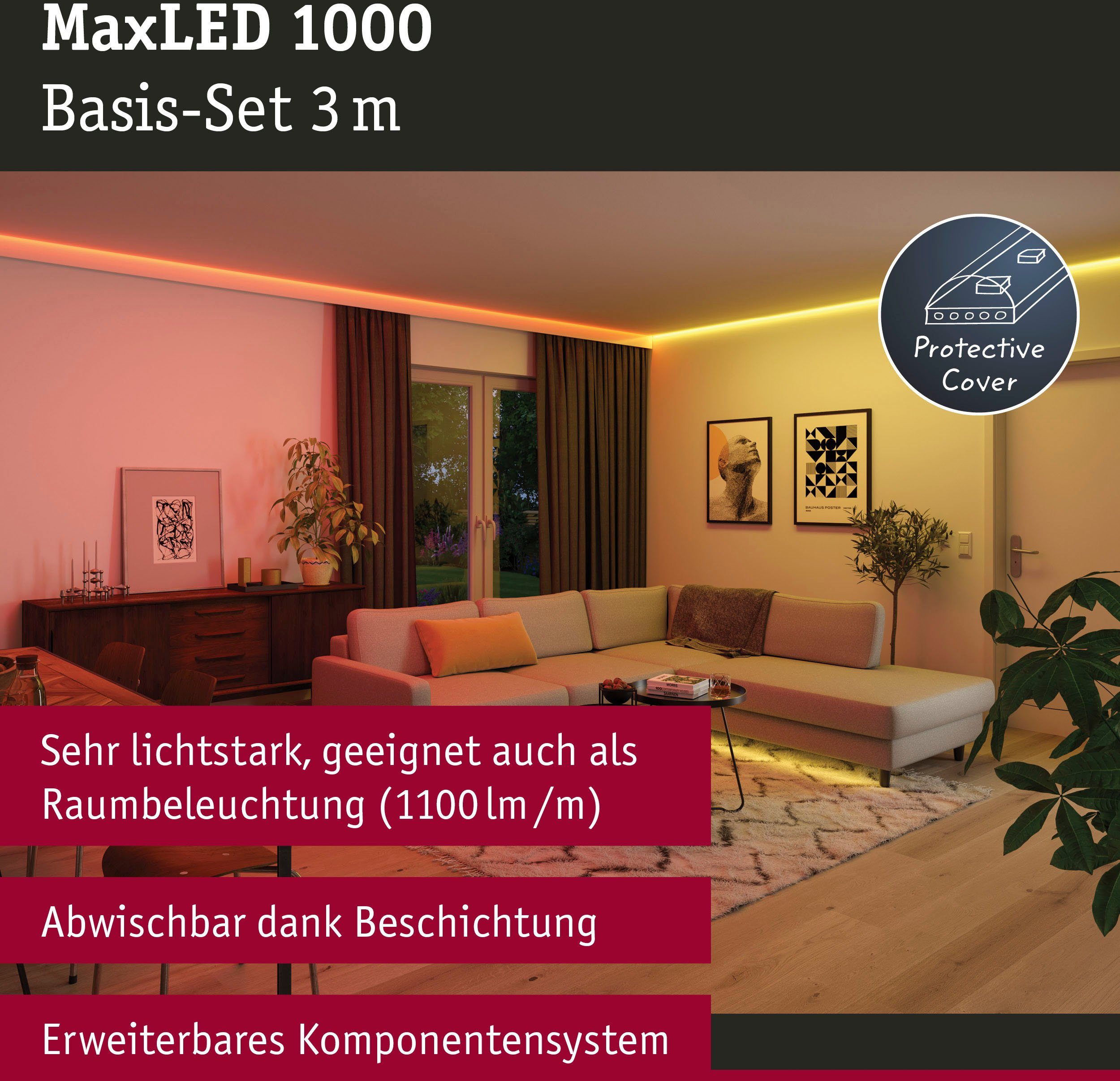Paulmann LED-Streifen MaxLED 1000 Silber, RGBW 3000K IP44 75VA 33W 3m RGBW Cover Basisset 1-flammig, 230/24V