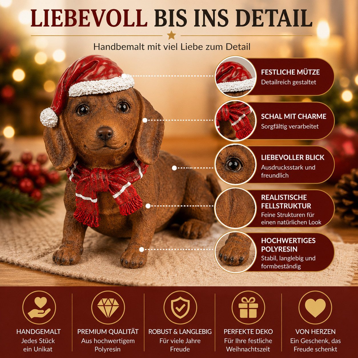formano Dekofigur Weihnachts-Dackel Dekofigur mit Mütze & Schal 28 x 23 x 13 cm – Bild 5 von 5