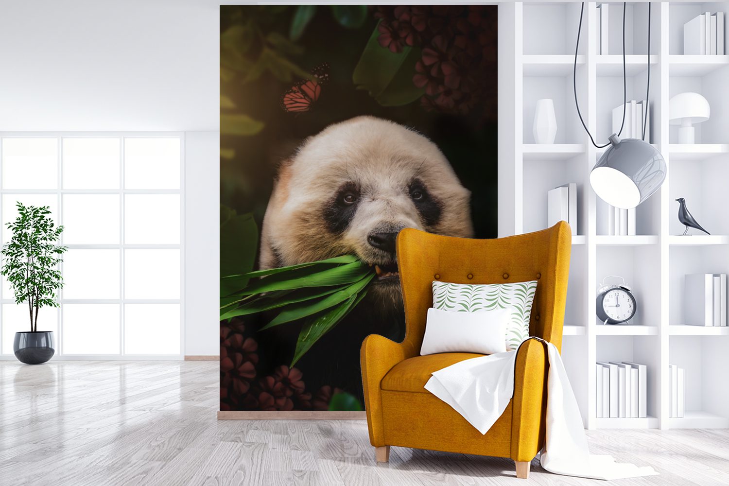 Vinyl Tapete (3 Matt, Montagefertig Dschungel, Wohnzimmer, - bedruckt, - St), MuchoWow Schmetterling Wandtapete Panda für Fototapete