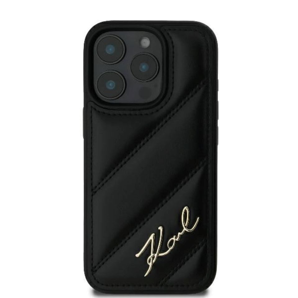 KARL LAGERFELD Handyhülle iPhone 16 Pro Kunstleder quilted schwarz Logo goldfarbig 6,3 Zoll, Kantenschutz