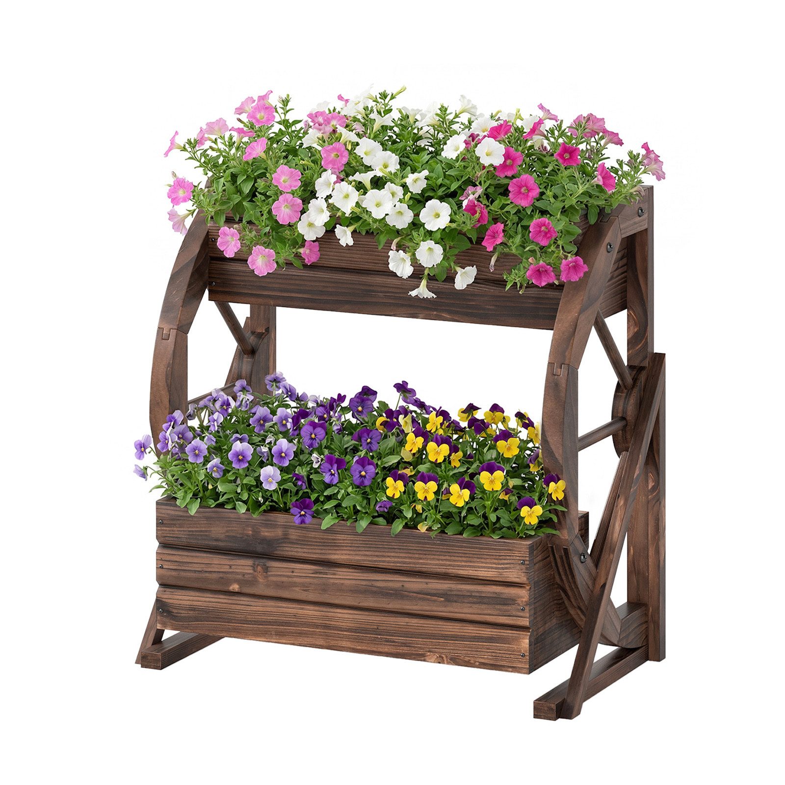 COSTWAY Blumenkasten, Holz-Wagen-Pflanzkasten mit Ablauföffnungen & Halbrädern