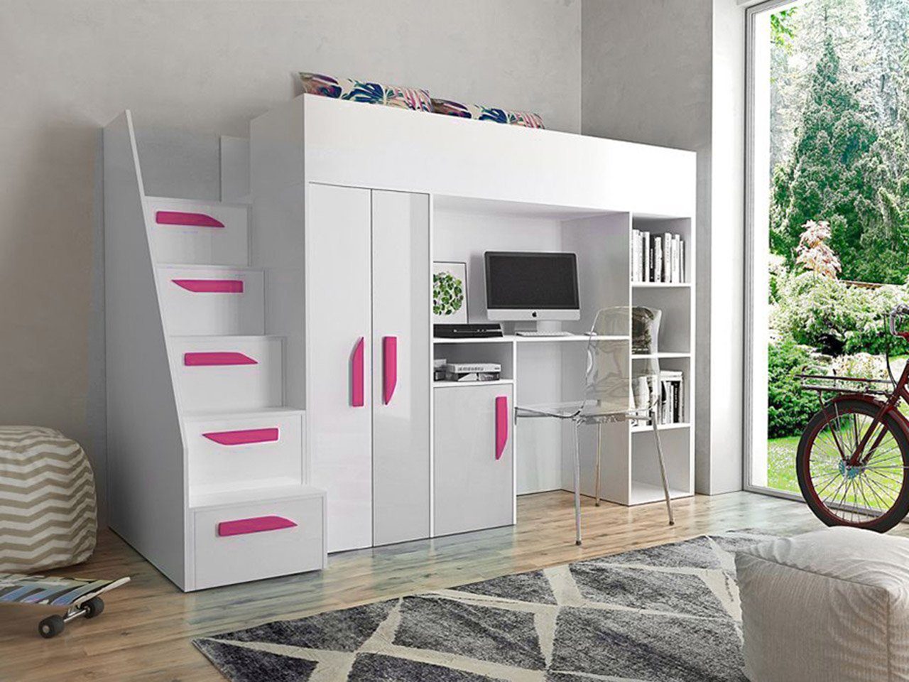 MIRJAN24 Etagenbett Party 14 (Komplett-Set, Einzelbett mit Treppe), 90x200 cm, mit Schreibtisch, Schrank und Regal