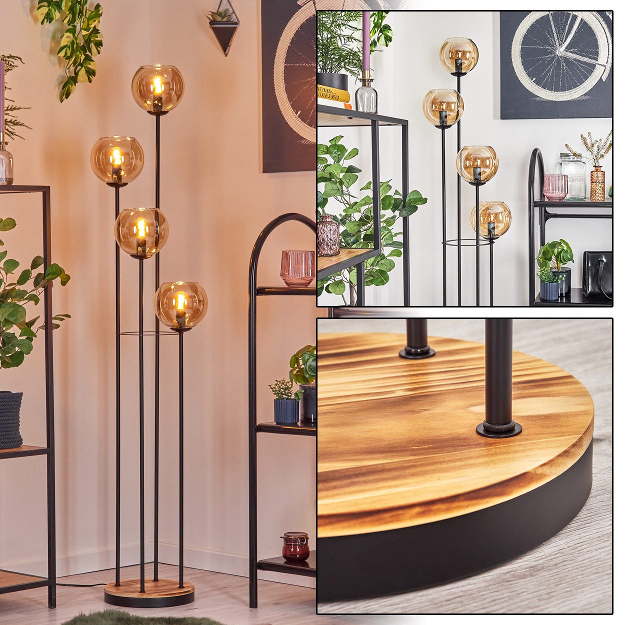 hofstein Stehlampe Stehlampe aus Metall/Holz/Glas in Schwarz/Natur/Bernsteinfarben, ohne Leuchtmittel, Stehleuchte im Retro-Design m. Glasschirmen (15cm), Fußschalter, E14