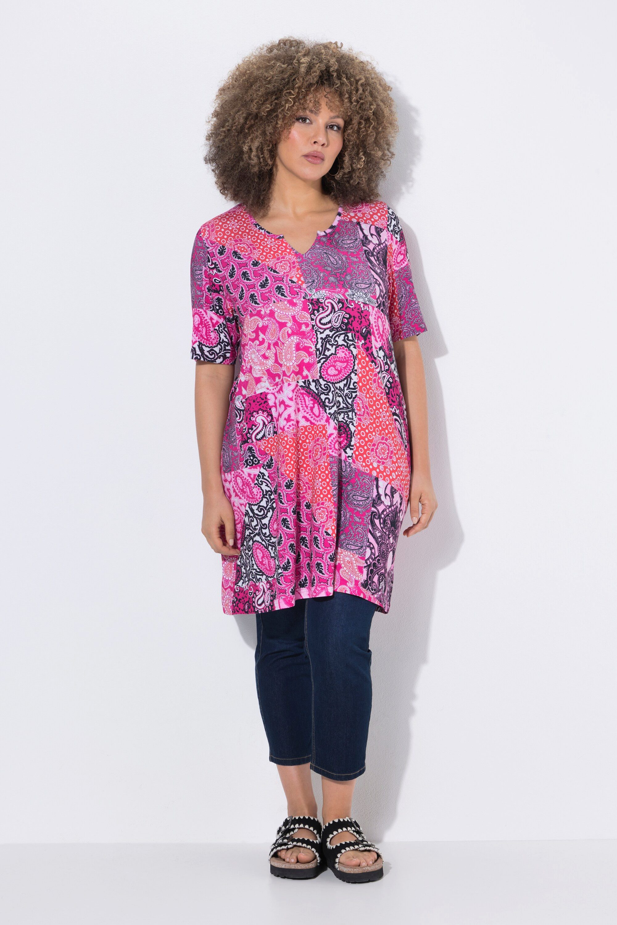 Ulla Popken Longshirt T-Shirt Patchmuster A-Linie Tunika-Ausschnitt