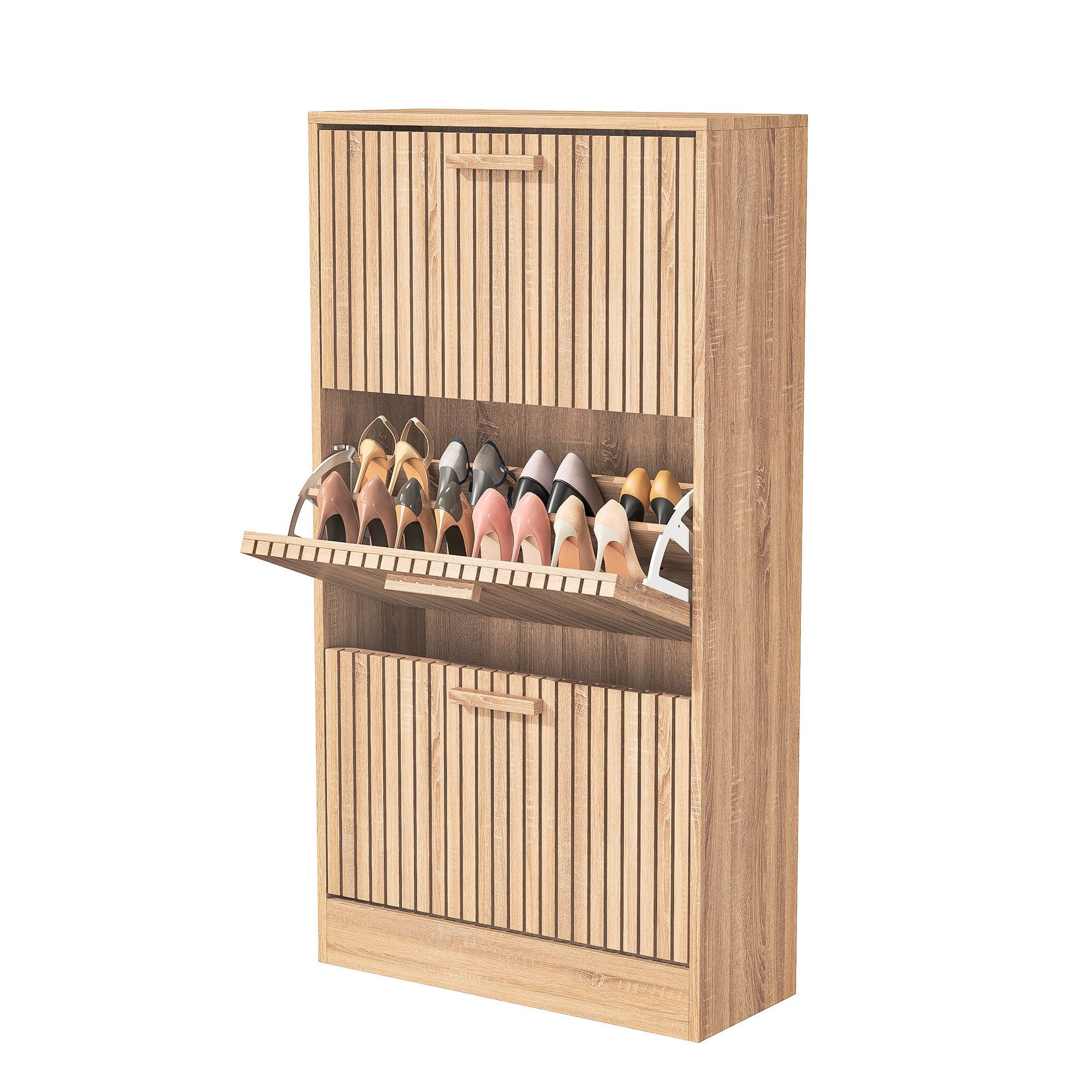 PXloue Schuhschrank mit 2 Klappen Schuhregal Schukipper( mit Kippsicherung)  Schuhkommode im Flur Diele,Trennwand verstellbar, 113x24x60cm