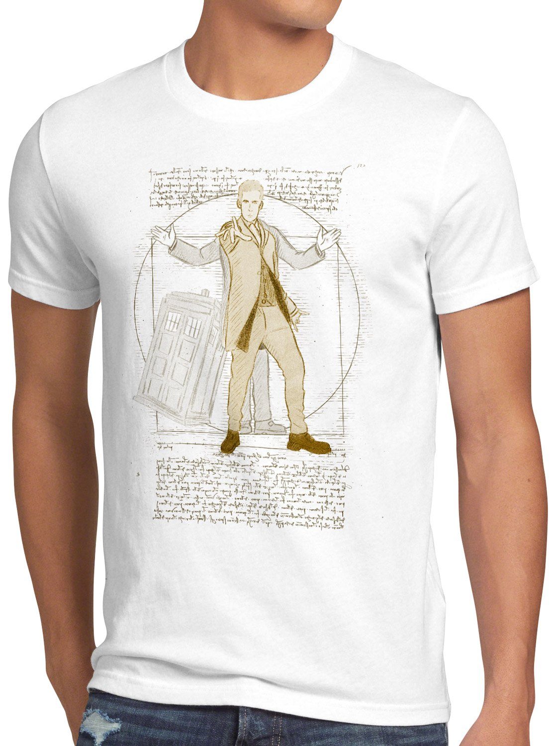 style3 Print-Shirt Herren T-Shirt Vitruvianischer Doktor zeitreise serie polizei notrufzelle weiß