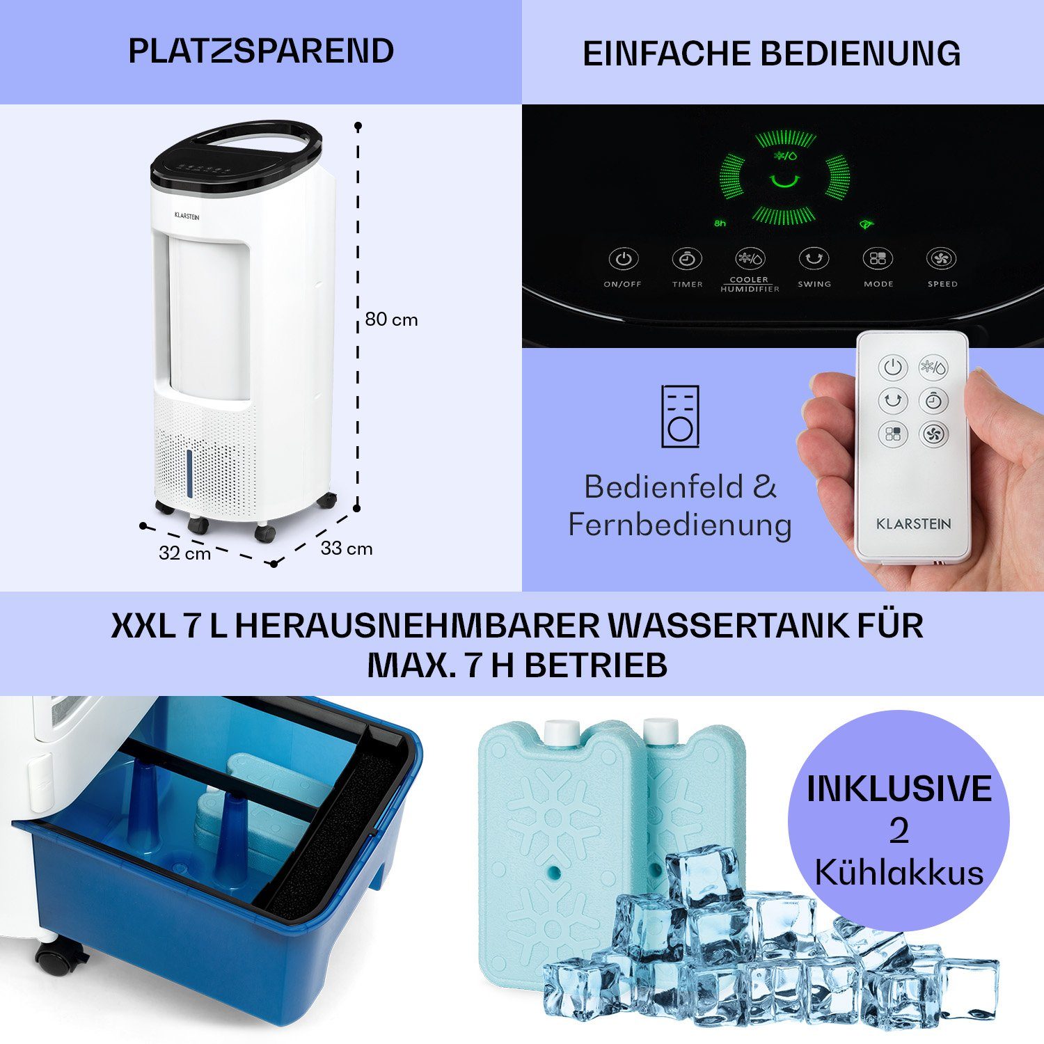 mobil Klimagerät Plus Klarstein Luftkühler, 4-in-1 mit & ohne Eis Wasserkühlung Abluftschlauch Ventilatorkombigerät IceWind
