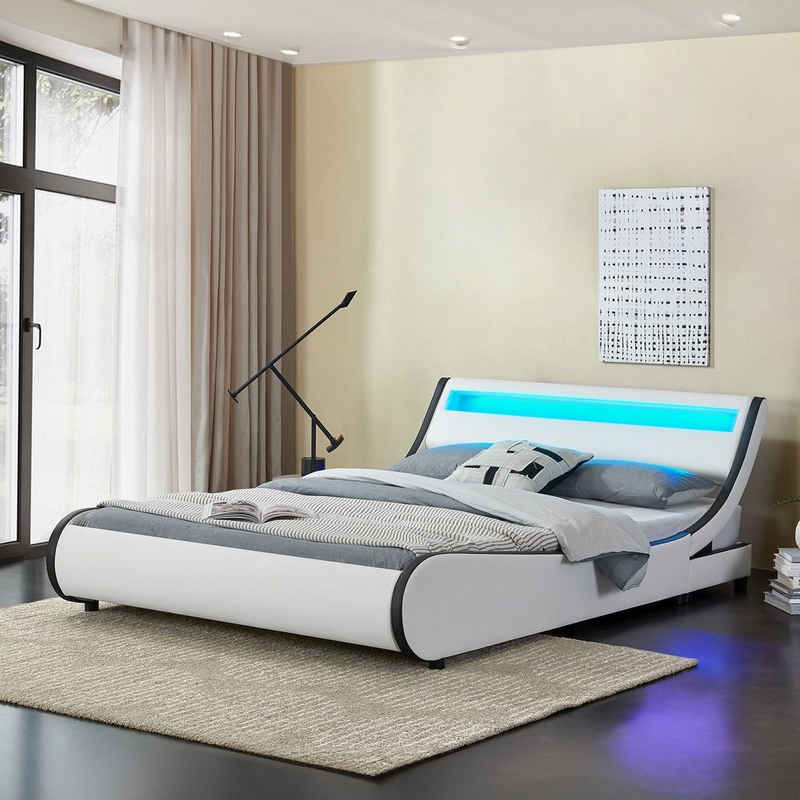 Juskys Polsterbett Valencia, 180 x 200 cm, Doppelbett mit Lattenrost, LED-Beleuchtung und Fernbedienung