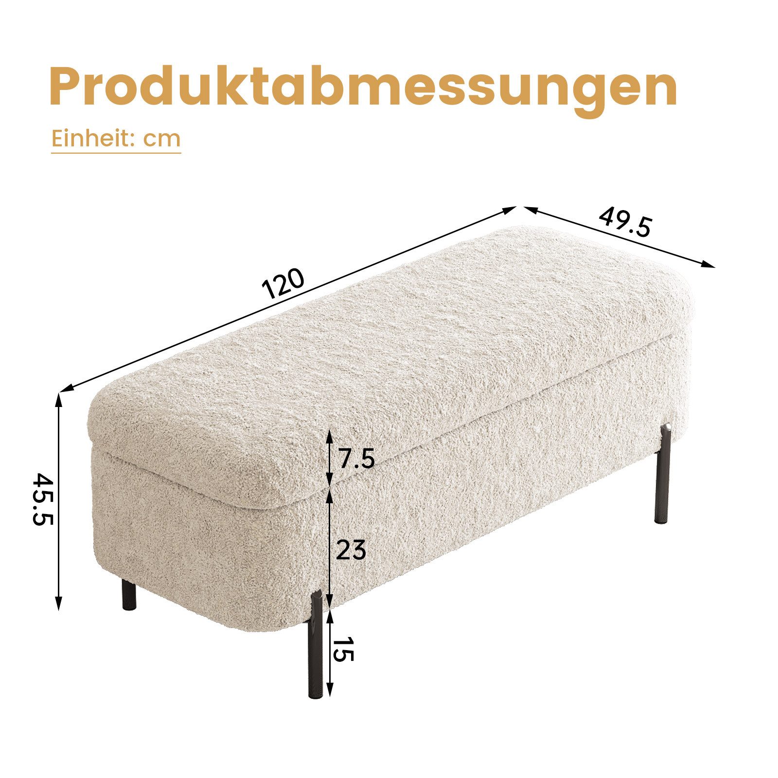 Guyii Polsterbank mit Stauraum 120 cm – Sitzbank mit Lammfell-Optik und Metallbeinen (1-St), Fußhocker, Schuhbank, Sitzgelegenheit – perfekt für verschiedene Räume