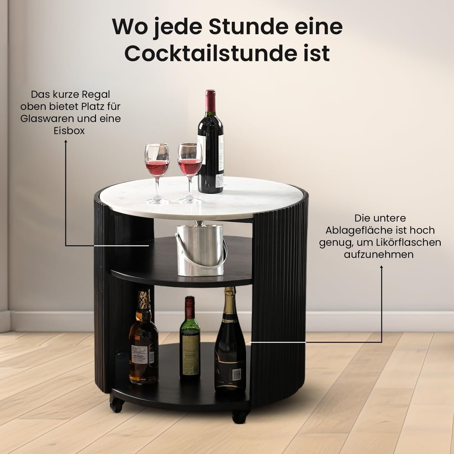 iAnanas Bartisch Holz & Marmor - Luxus Servierwagen & Barwagen - Weinregal, Rollbarer Bartisch mit Marmorplatte und Stauraum für Weinflaschen