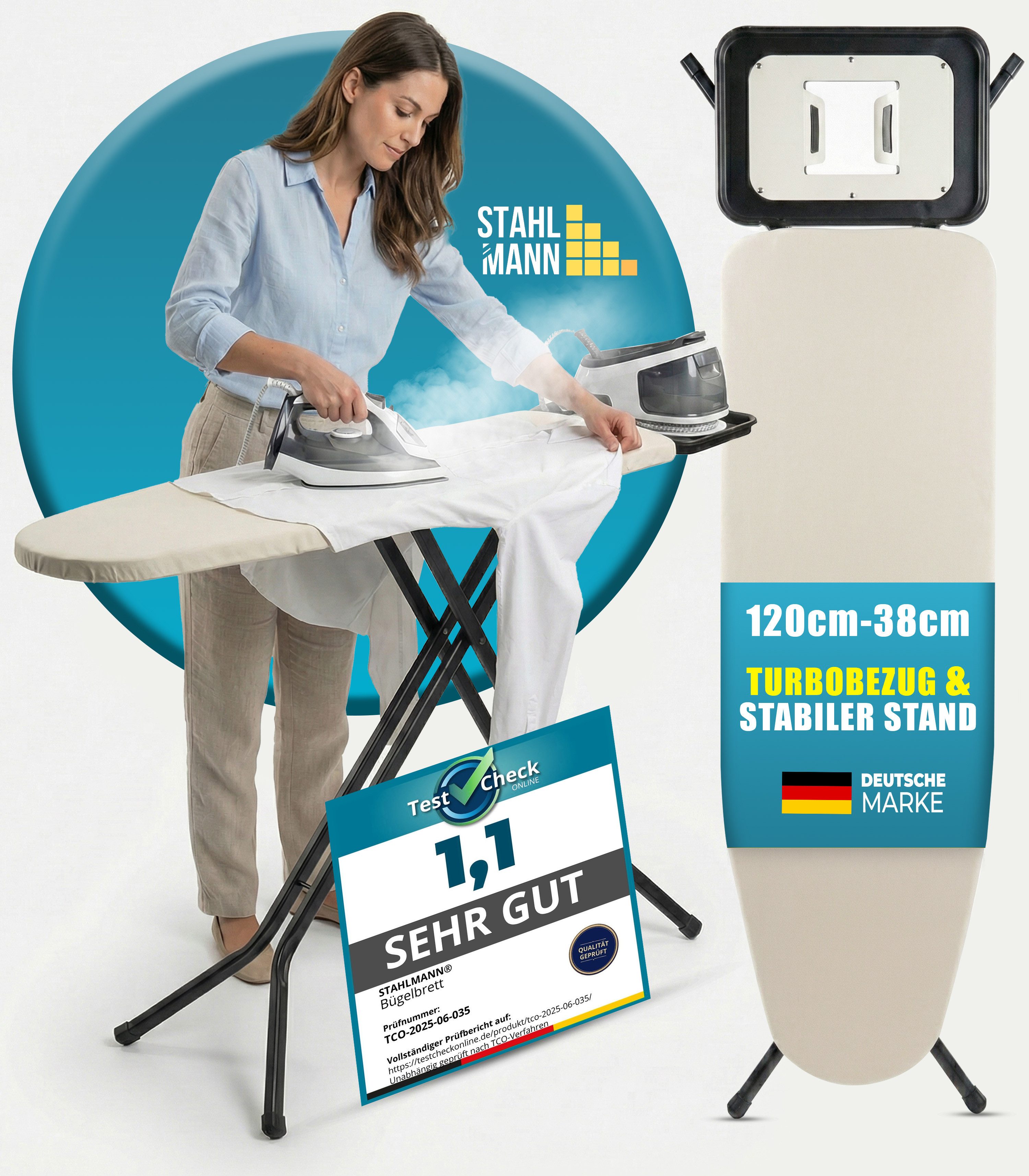 STAHLMANN COMMERCE GmbH Bügelbrett für Dampfbügelstation 120 × 38 cm, höhenverstellbar, Turbobezug, Bügelfläche 30x120 cm, TestCheck 1,1 SEHR GUT, Turbobezug & Ablage für Dampfbügelstation