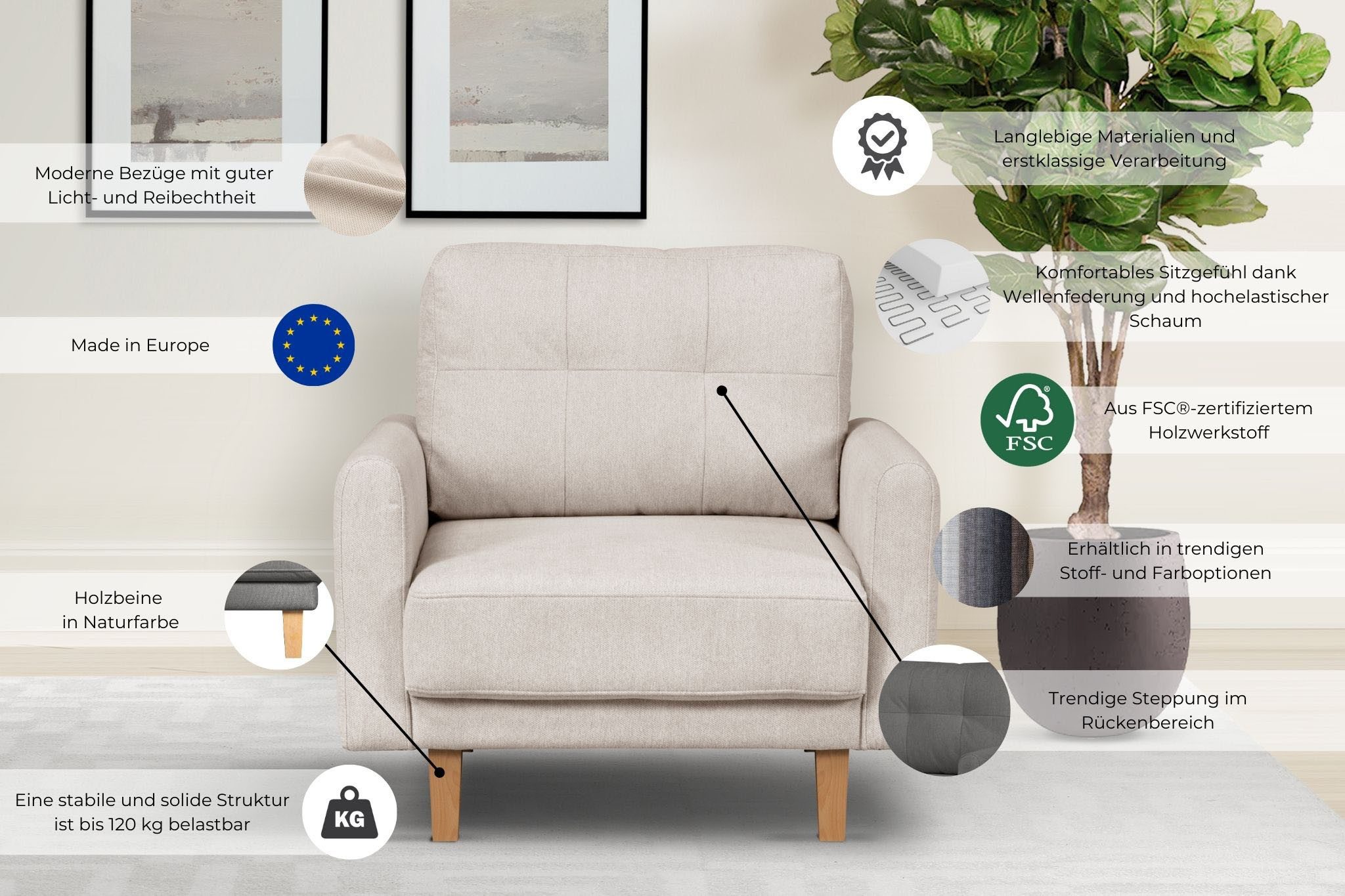 Home affaire Sessel TRIPLO Relaxsessel mit Wellenunterfederung, Maße B/T/H: 95/100/89 cm, Polstersessel mit Steppung im Rückenkissen, hohe Qualität