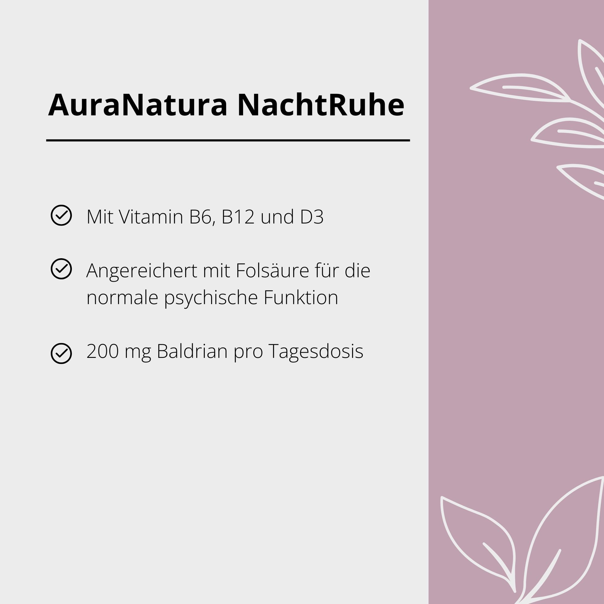 Aura Natura AuraNatura NachtRuhe - Mit Baldrian, B6, B12 & Vitamin D3 Kapsel, 1 er 60 St., Für die Abendroutine & innere Ruhe