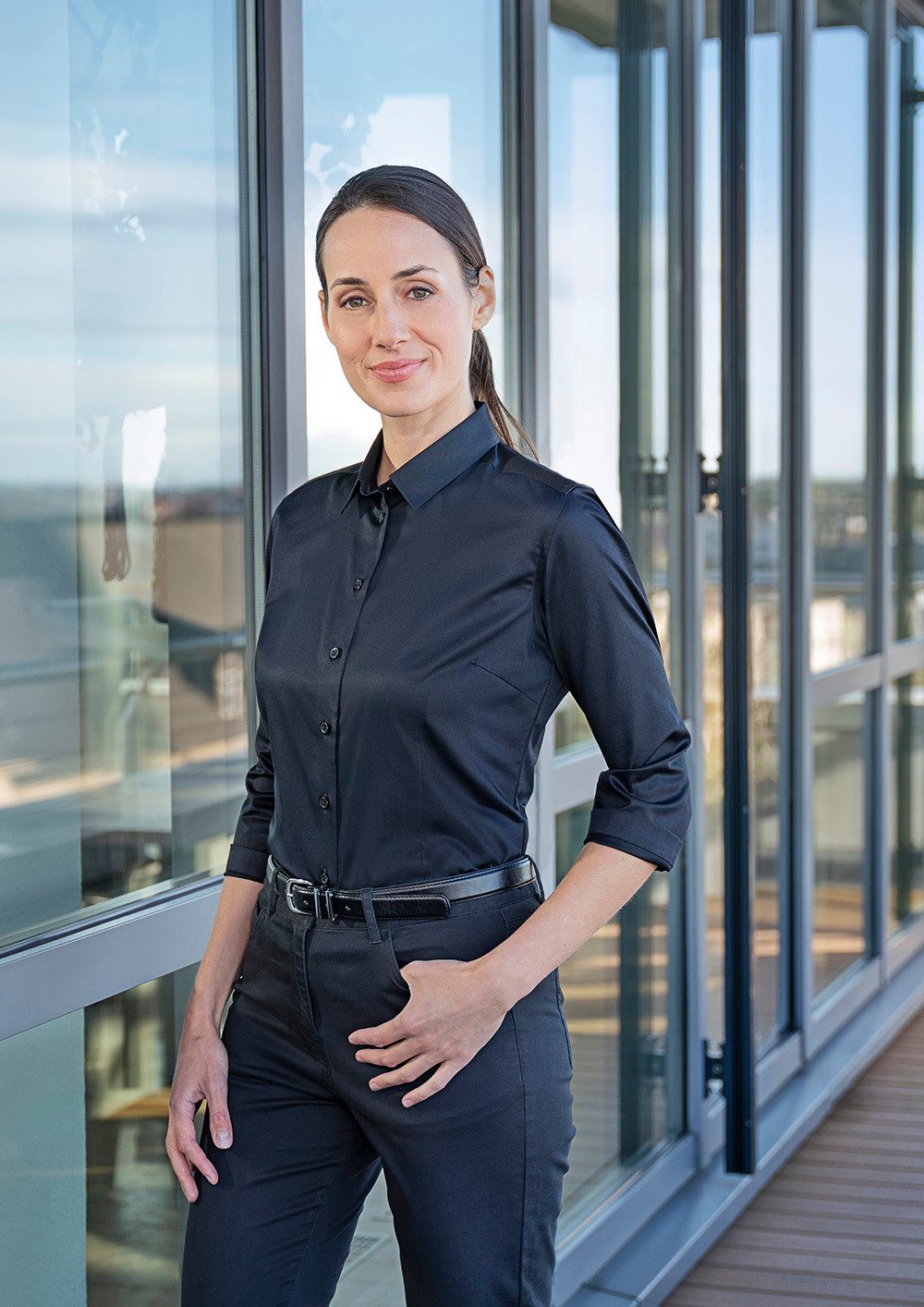 Karlowsky Fashion Kurzarmbluse KARLOWSKY Damen Bluse ACTIVE-STRETCH 3/4-Arm Slim-Fit Schwarz