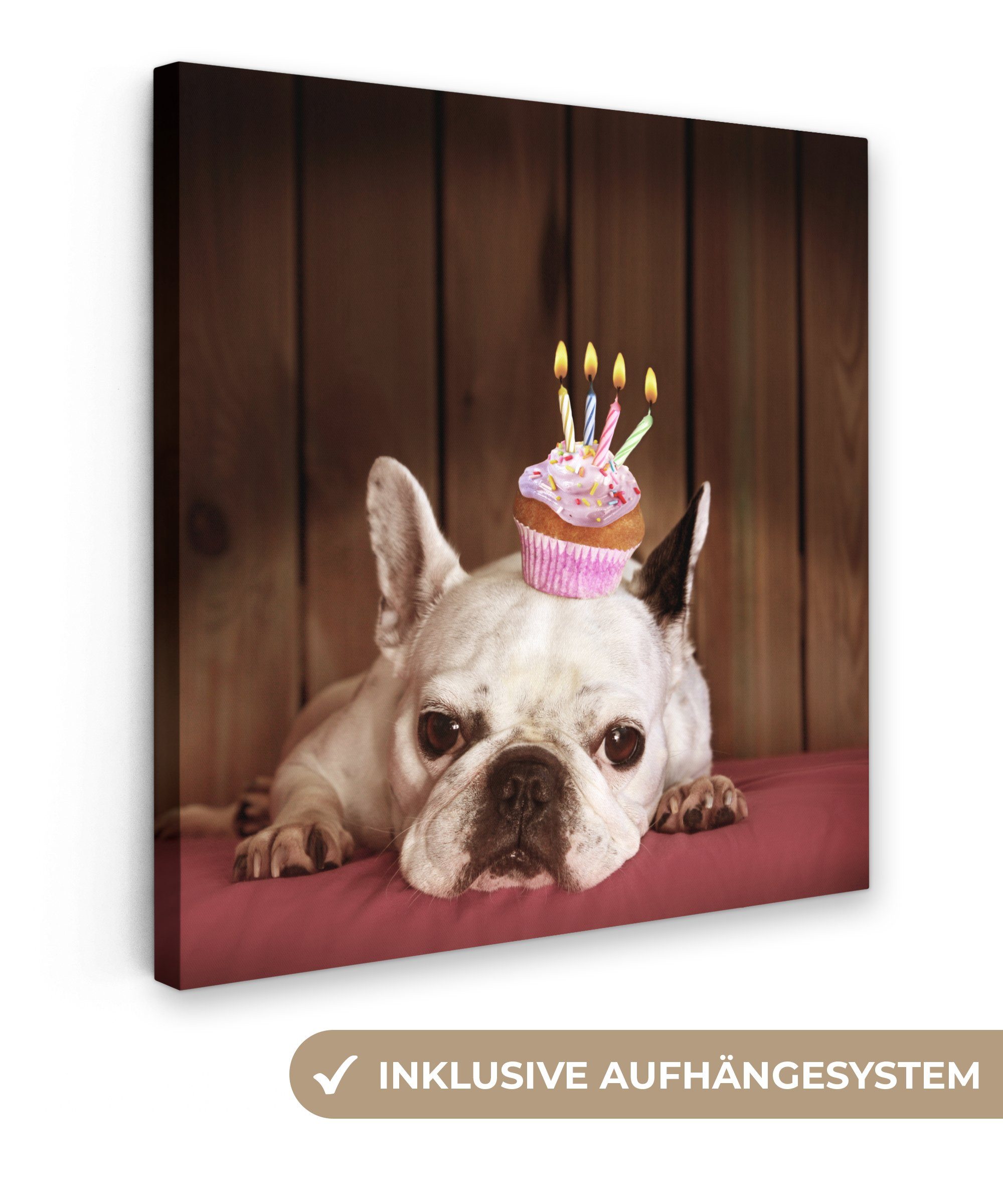 OneMillionCanvasses® Leinwandbild Französische Bulldogge - Cupcake - Kerzen, (1 St), Leinwand Bilder für Wohnzimmer Schlafzimmer, 20x20 cm