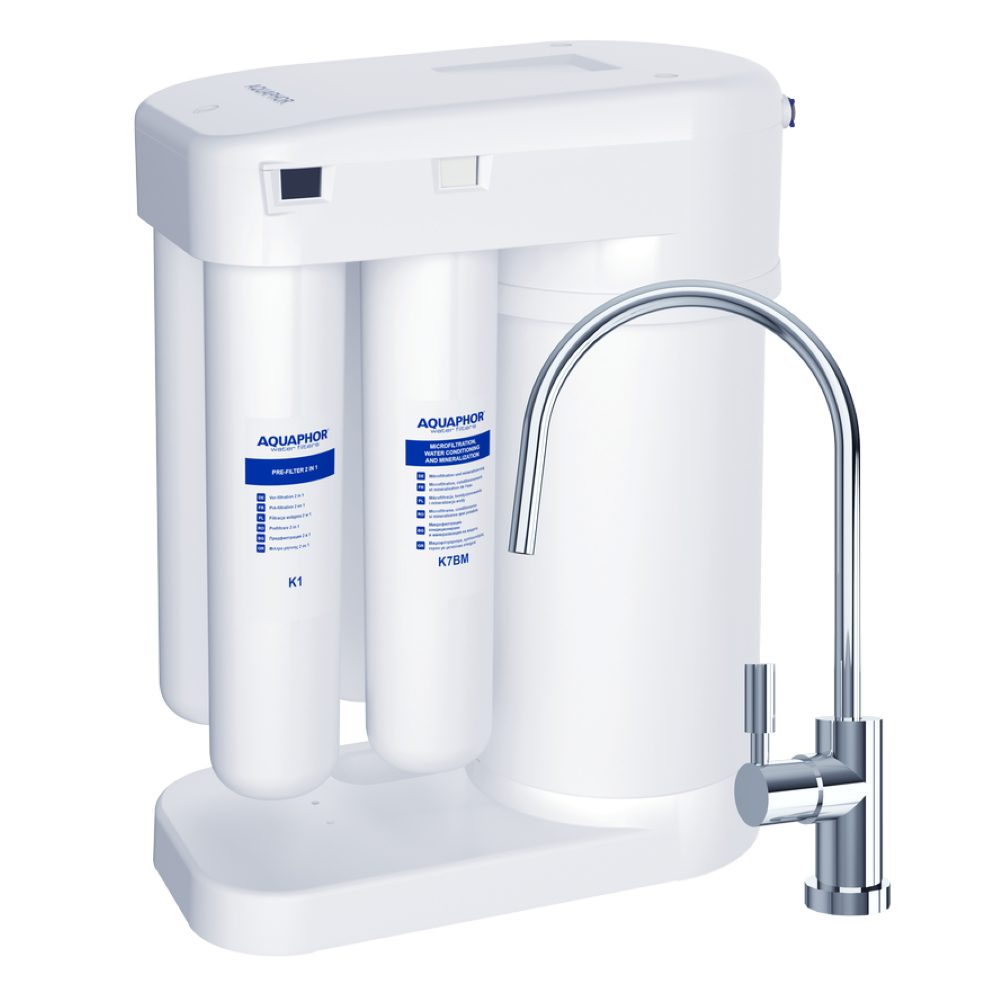 AQUAPHOR Untertisch-Trinkwassersystem Umkehrosmose DWM 101S mit Remineralisierung und Keimsperre, Wasserdruck: 1,9-6,3 Bar-Anschluss, für Wassertemperatur: 5-38° C, 371 × 420 × 190 mm (Länge × Höhe × Breite), Komplett-Set, inkl. Wasserhahn, BPA frei. Entfernt Kalk, Schwermetalle, Medikamente, Viren