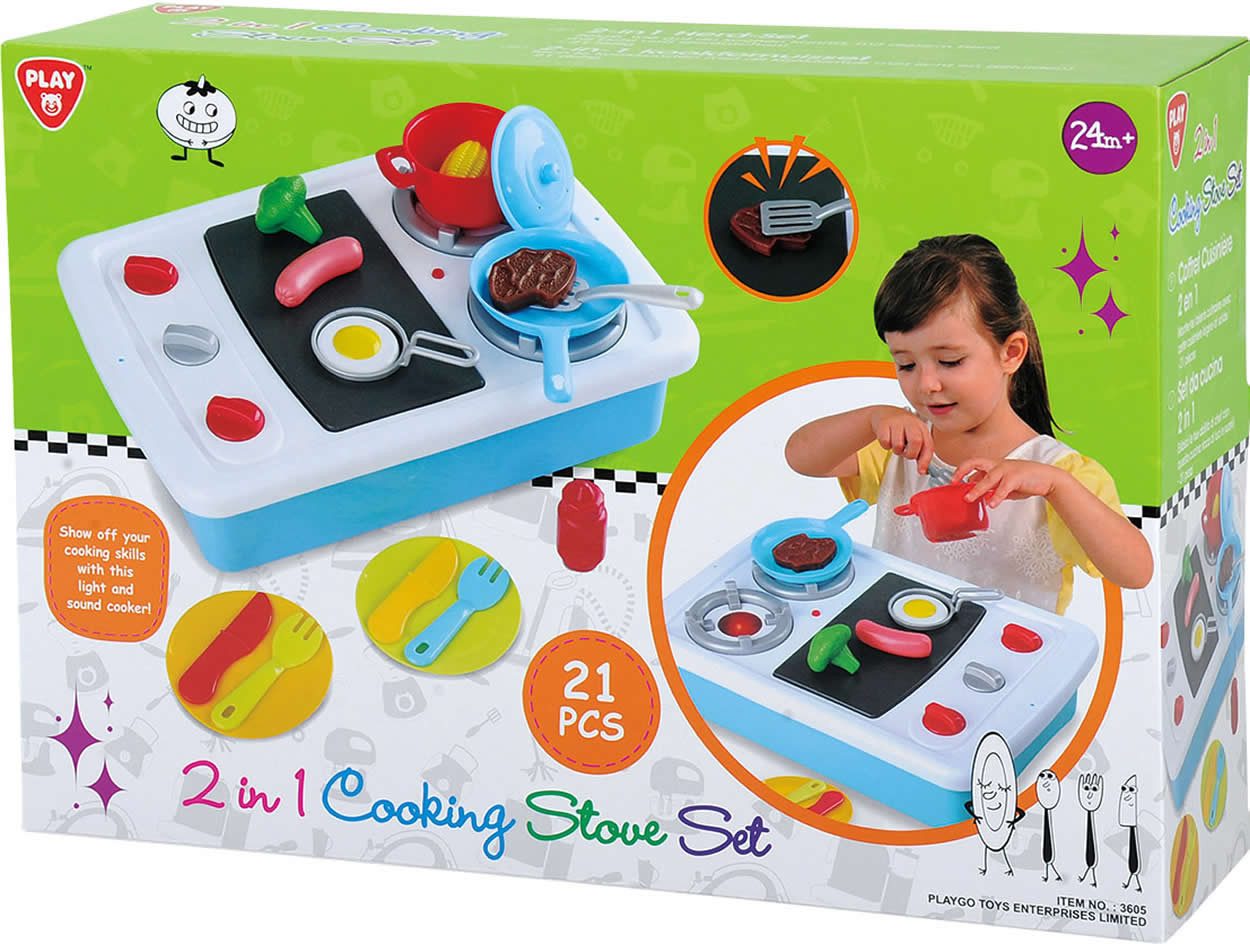 Play Kinder-Herd Tisch-Herd-Set 2in1 21-tlg. mit Gaskochfeld Grillplatte u. Zubehör +2J