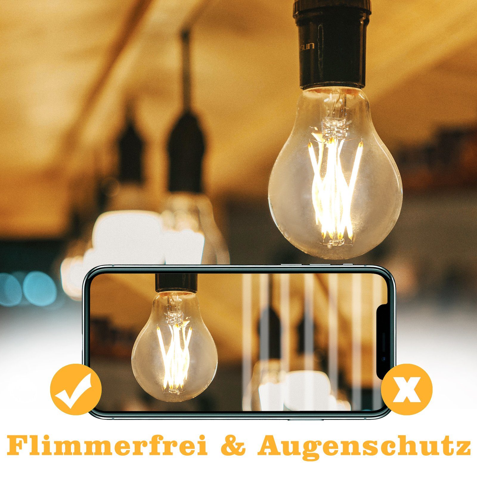 ZMH LED-Leuchtmittel E27 A60, Vintage Edison Glühbirne 4W, 2700K warmweiß, E27, 6 St., warmweiß, Filament klar, Retro LED-Lampe