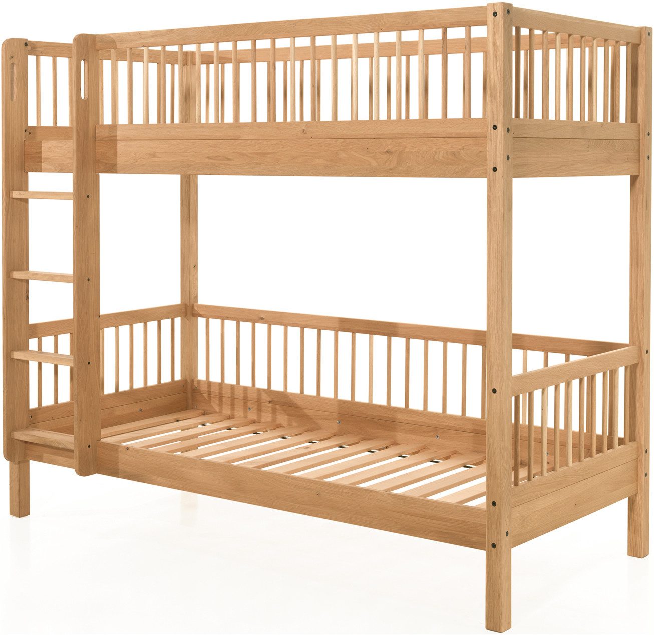 Vipack Etagenbett Eiche massiv, Made in Europe, langlebige Qualität (B/H/T ca. 208x176x98cm, Schublade+unterer Rausfallschutz optional), 2 Lattenroste, wahlweise mit oder ohne Bettschublade und Absturzschutz