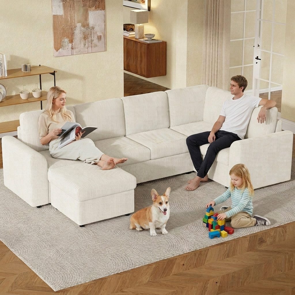 Flieks Ecksofa L-förmig inkl. beweglicher multifunktionaler Hocker mit Stauraum, Hocker mit umklappbaren Deckel als Couchtisch, L282/T153/H85 cm, 6-Sitzer Sofa mit Schlaffunktion Eckcouch Beige, Corduroystoff