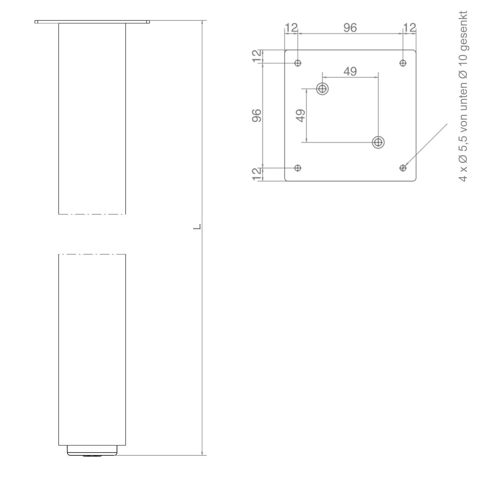 SO-TECH® Tischbein Tischbein Edelstahloptik eckig 70 x 70 mm Höhe: 720-892 mm, Höhe 892 mm verstellbar +/- 5 mm