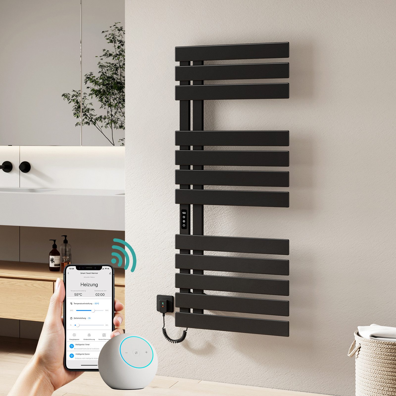 EMKE Elektrischer Badheizkörper Handtuchtrockner mit Smart Thermostat WLAN-/App-Steuerung Timer, Ausführung Link/recht Designheizkörper …