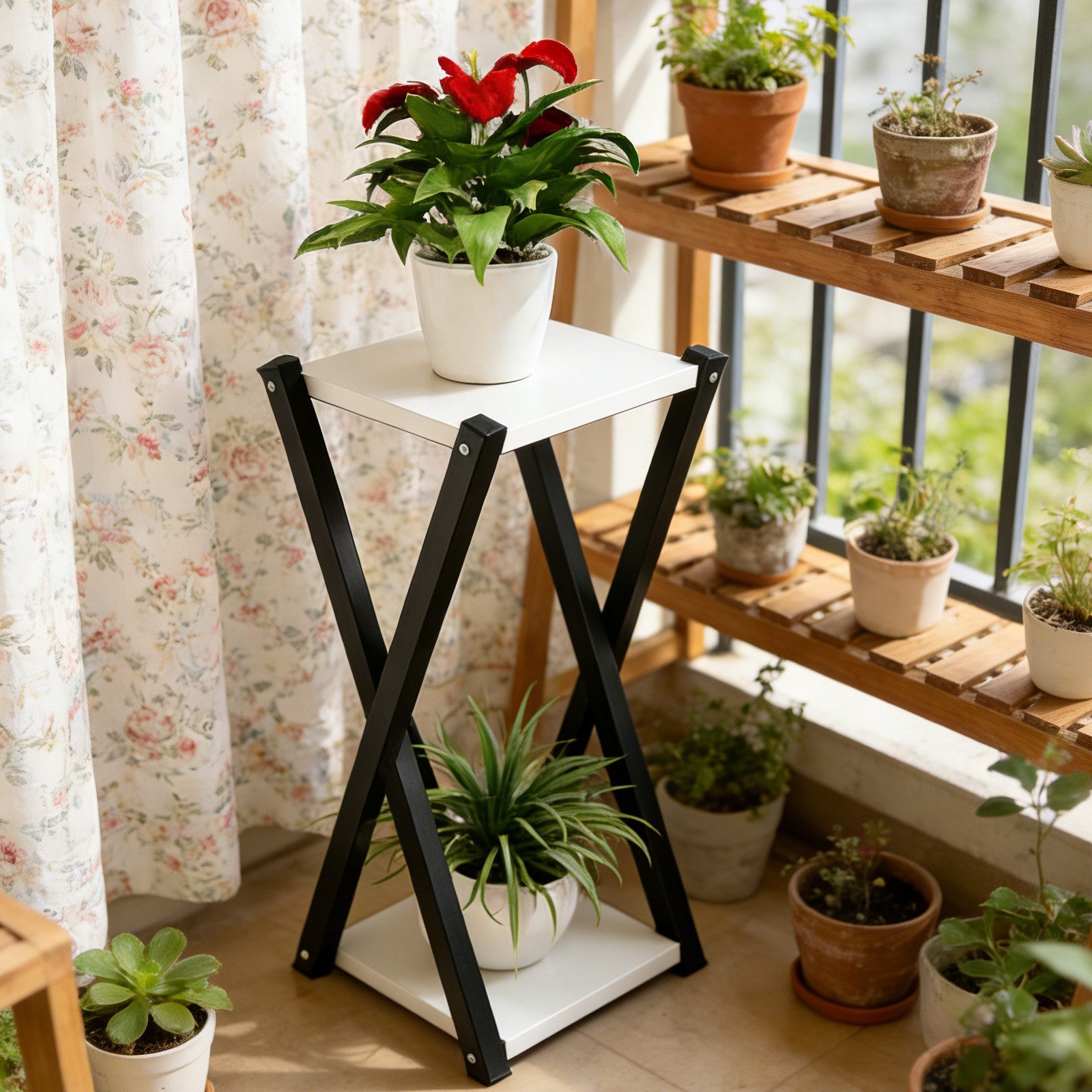 BlingBin Blumenhocker Zweistöckiger Pflanzenständer mit Metallgestell und MDF-Ebenen (1 Stück, 1 St., ca. 57 x 30 x 30 cm), dekorative Blumenablage für Wohnzimmer, Balkon und Garten