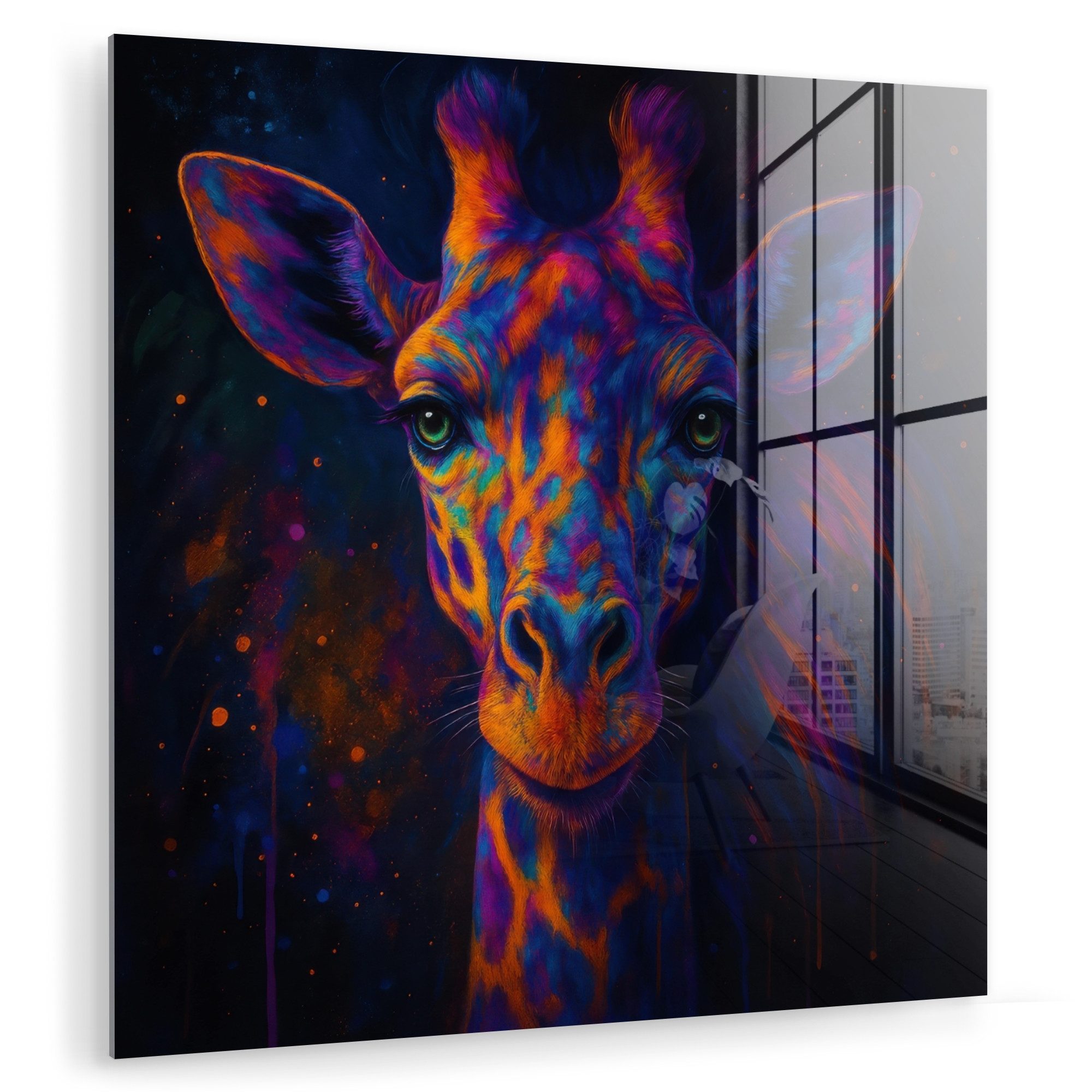 MuchoWow Acrylglasbild Giraffe - Farbig - Farbspritzer, Inkl. Aufhängung, Bilder auf Glas Wandbild, Wanddeko Wohnzimmer Badezimmer, 20x20 cm
