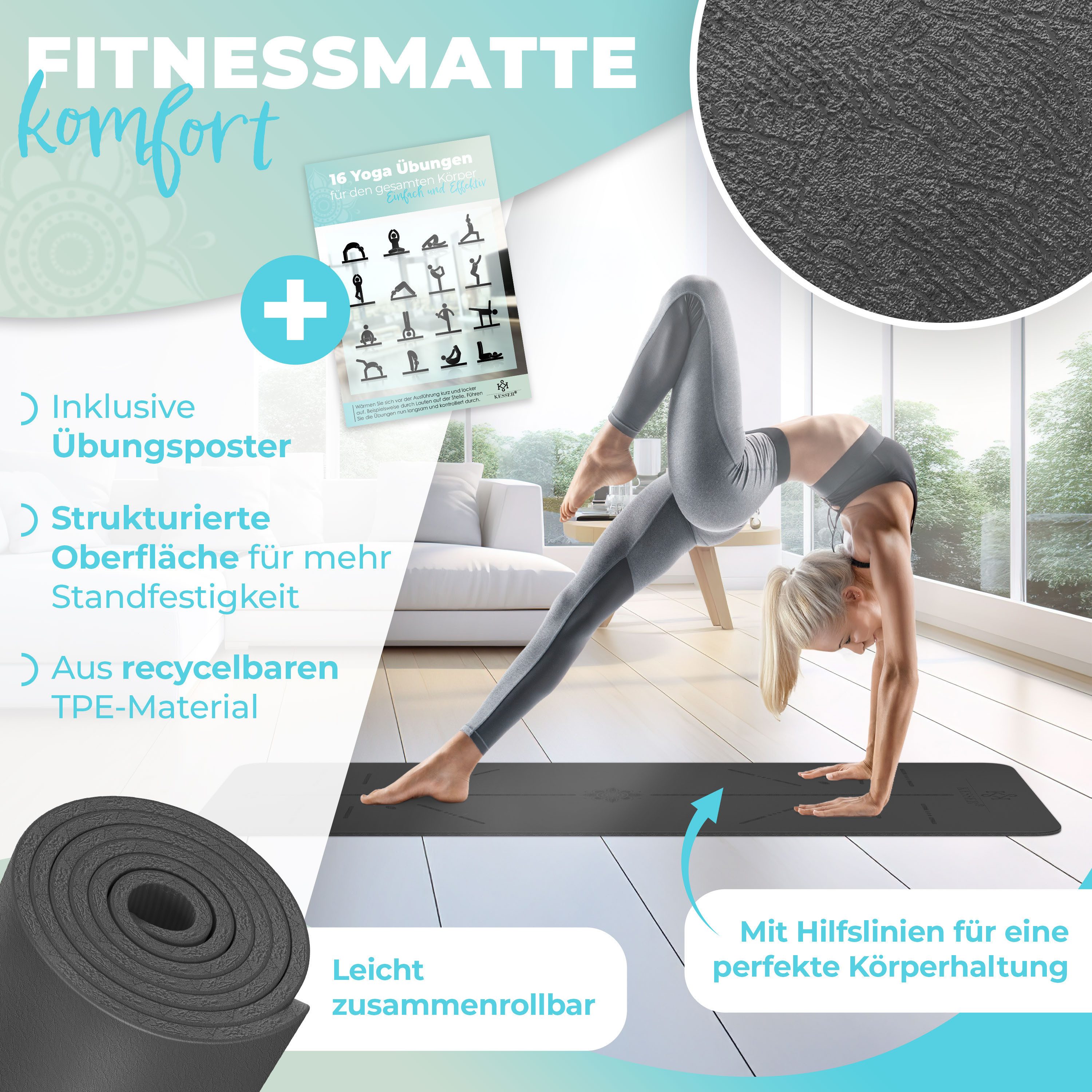 KESSER Yogamatte Gymnastikmatte gepolstert & rutschfest 183 x 61 cm Sportmatte, Trainingsmatte für Fitness, Pilates Gymnastik Workout & Yoga