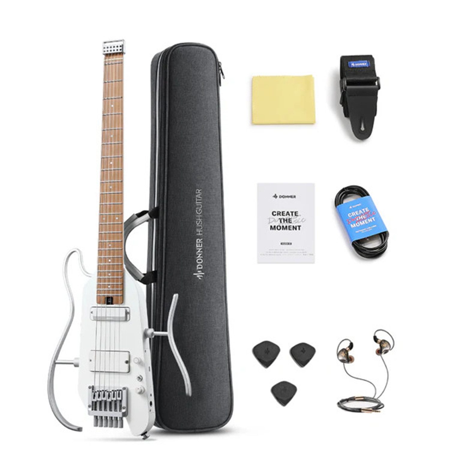 Donner E-Gitarre HUSH-X PRO Silent Guitar mit Effekten & Tone Sim H-S Pickups Bluetooth, Kopflose Reisegitarre, Kabel, Gigbag, Gurt, Stimmgerät, kabelgebundene Kopfhörer, DXP Effekte & Tone Sim, Bluetooth