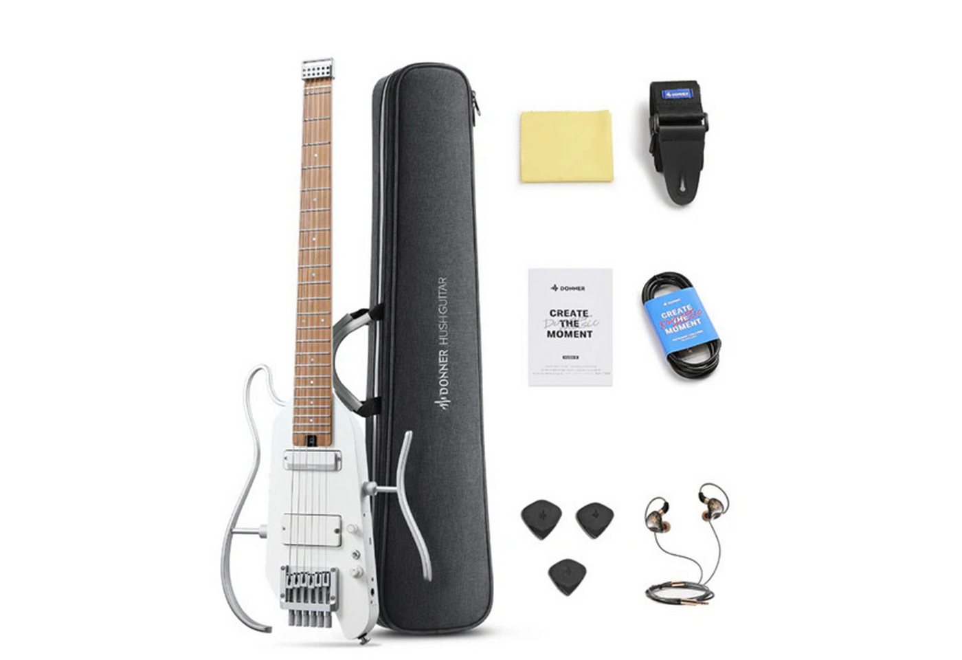 Donner E-Gitarre HUSH-X PRO Silent Guitar mit Effekten & Tone Sim H-S Pickups Bluetooth, Kopflose Reisegitarre, Kabel, Gigbag, Gurt, Stimmgerät, kabelgebundene Kopfhörer, DXP Effekte & Tone Sim, Bluetooth