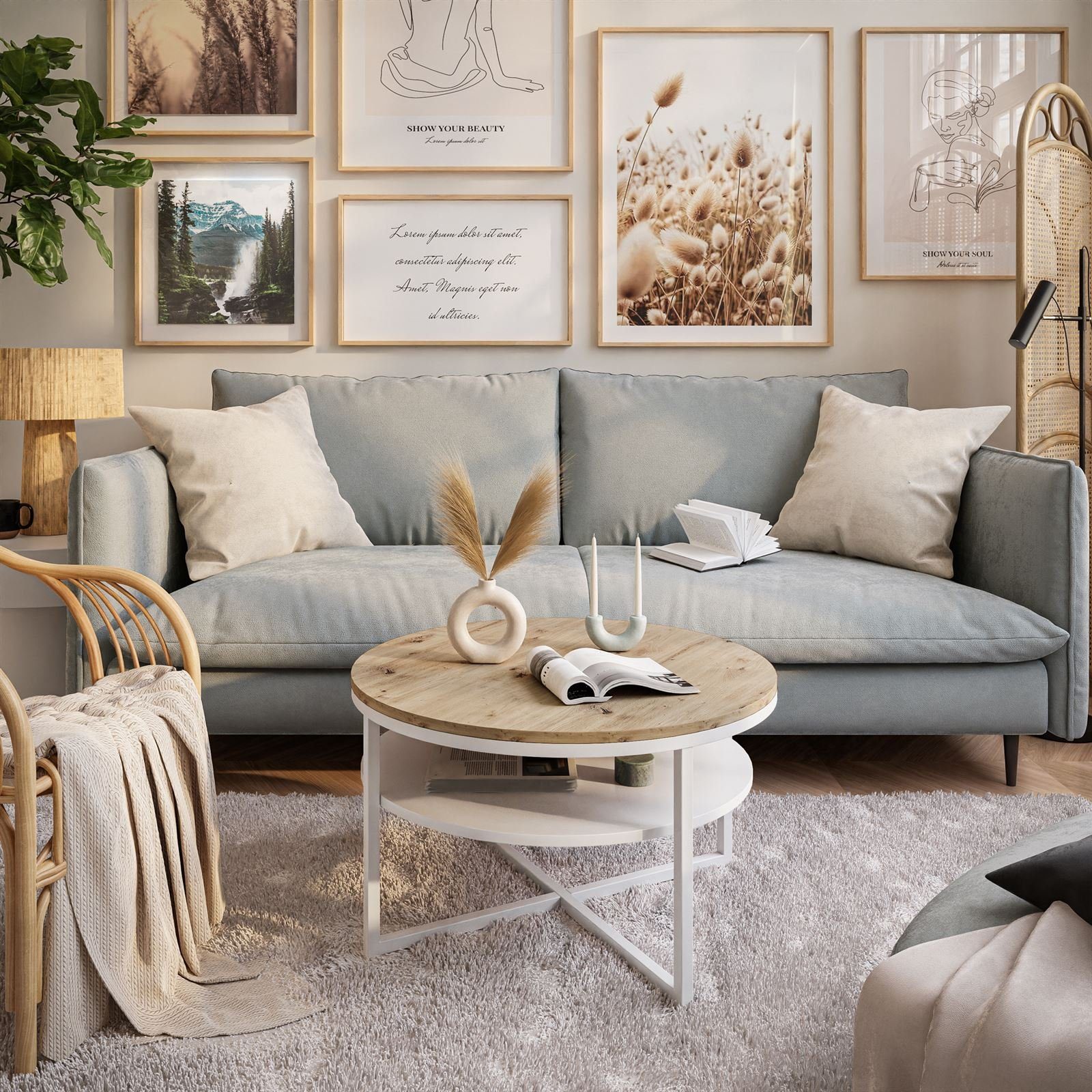 yourhouse24 Couchtisch CIRI-X runder Couchtisch mit Regal Eiche Handwerker günstig online kaufen