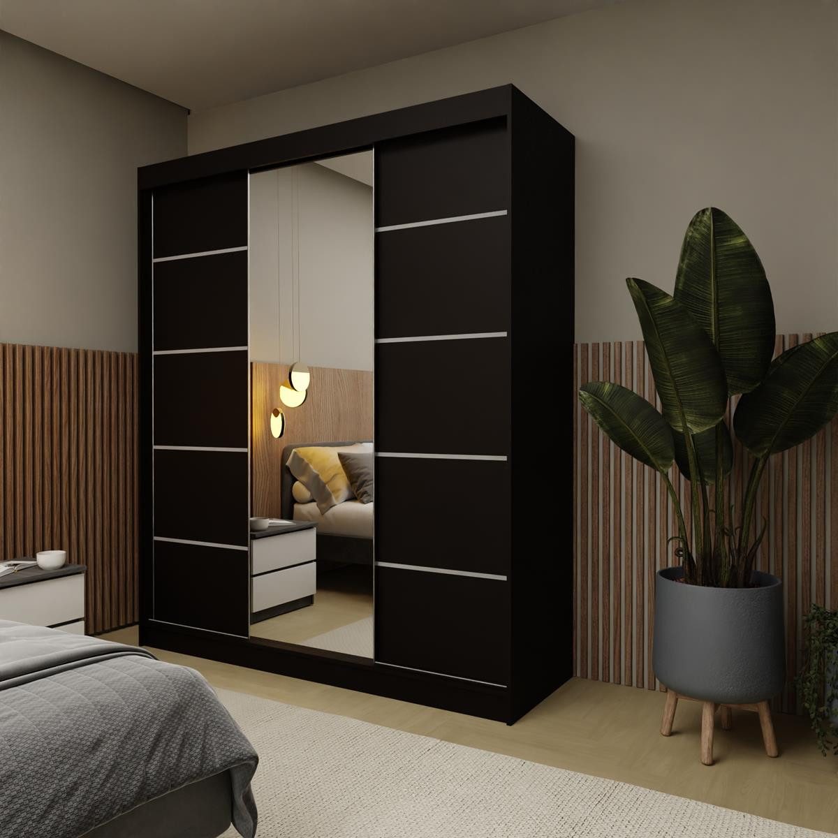 Compleo Schwebetürenschrank 180 cm breit NAPOS, zeitlos Stil, Garderobe mit Spiegel