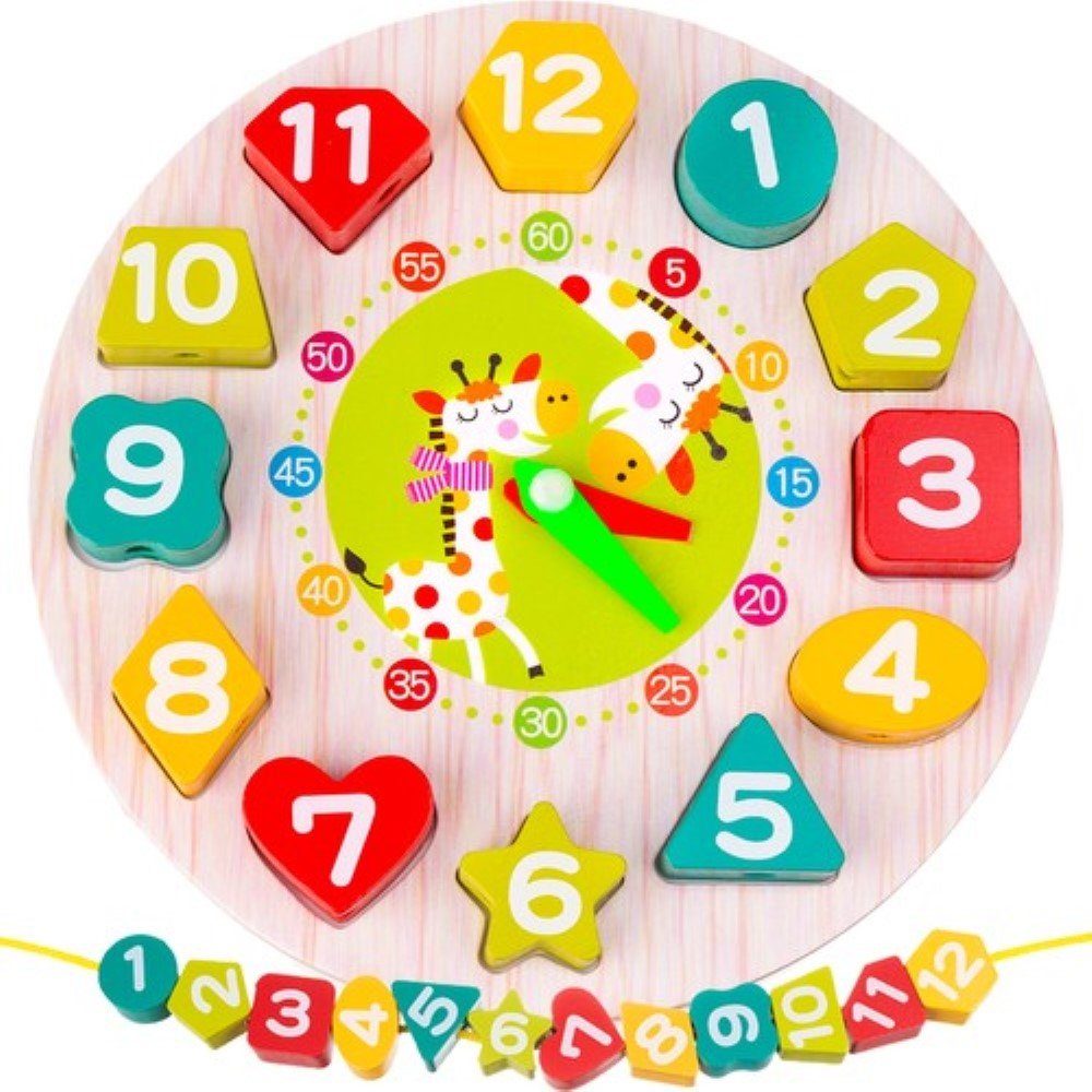 KRUZZEL Lernspielzeug Holzspielzeug-Uhr für Kinder: Lernuhr aus natürlichen Materialien. (Holzuhr mit Sortierer und Zubehör für spielerisches Lernen., Uhr mit Formen, Zahlen, Farben und englischen Bezeichnungen), Holzspielzeug Uhr mit Formen, Zahlen und F
