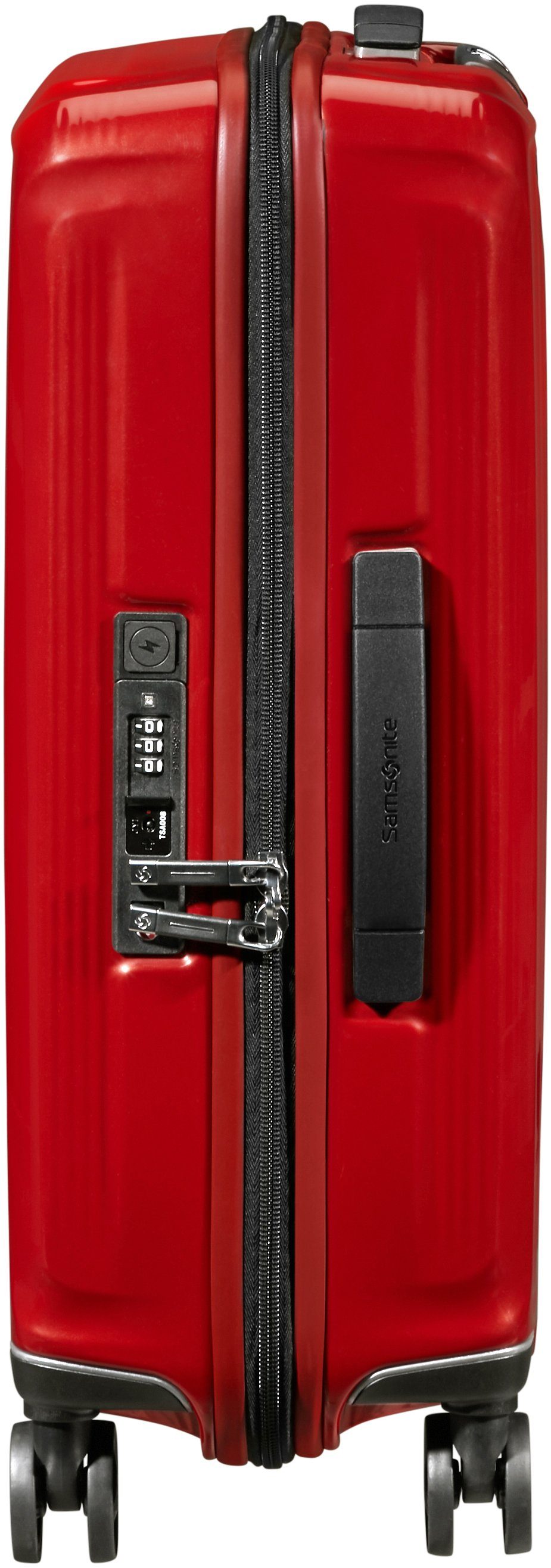 55 Samsonite Volumenerweiterung Rollen, USB-Schleuse Nuon, cm, mit Metallic Hartschalen-Trolley 4 Red und
