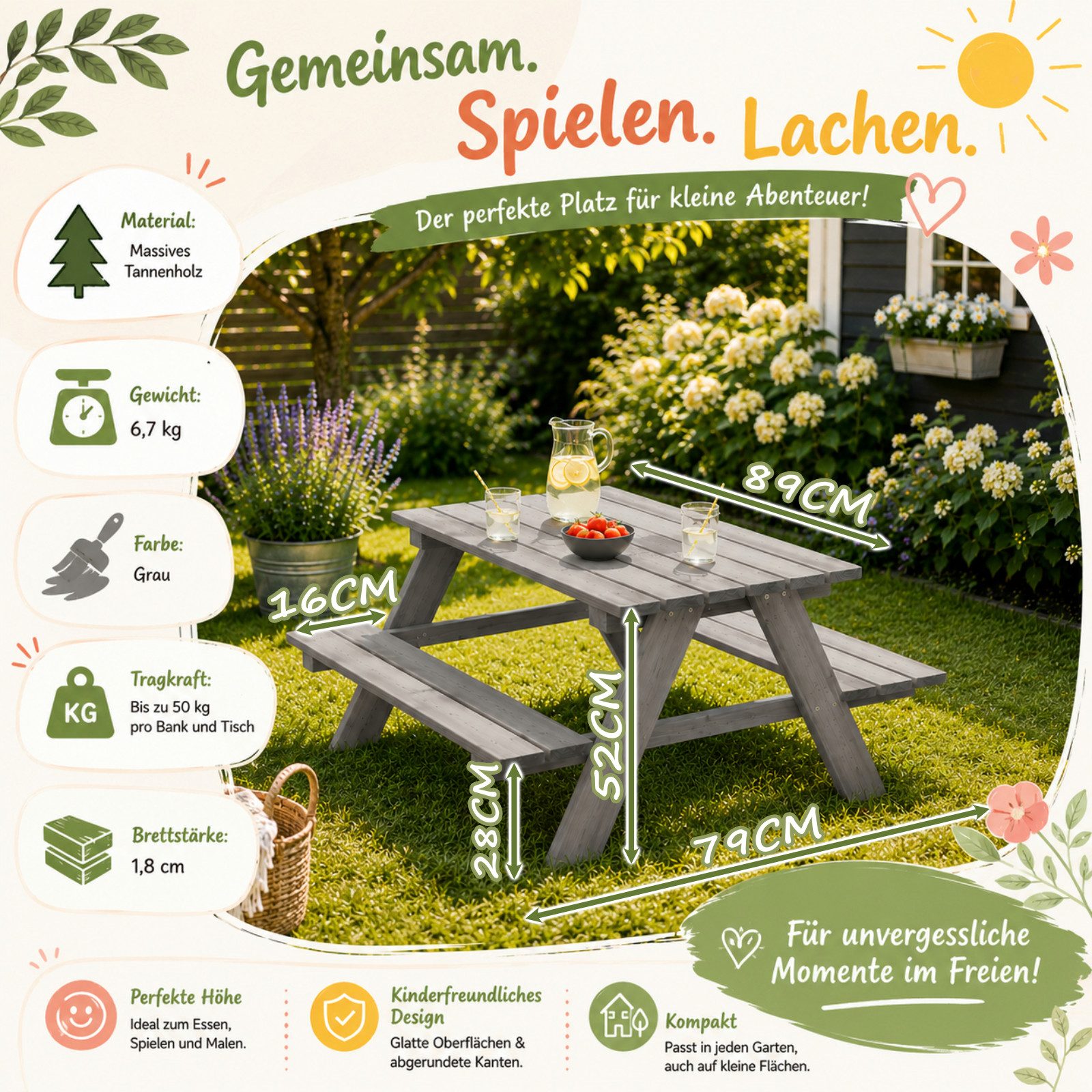 HAGO Garten-Kindersitzgruppe Sitzset Gartenbank Essplatz Picknick Spieltisch Tanne Holz, (1-tlg) – Bild 5 von 5