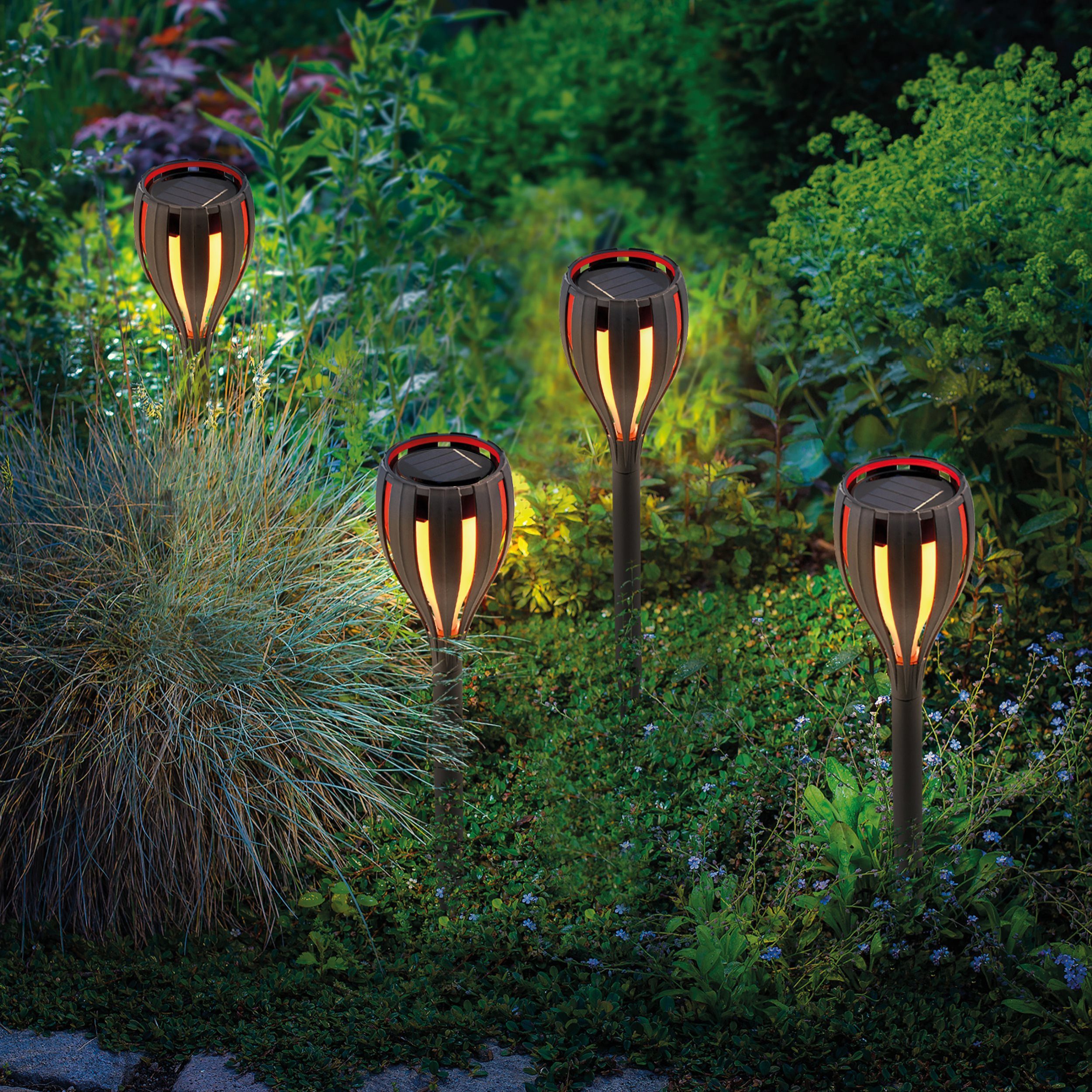 esotec LED Gartenfackel 4er Set Solar-Steckleuchten Bioko H=29,5cm LED bernsteinfarben 102780