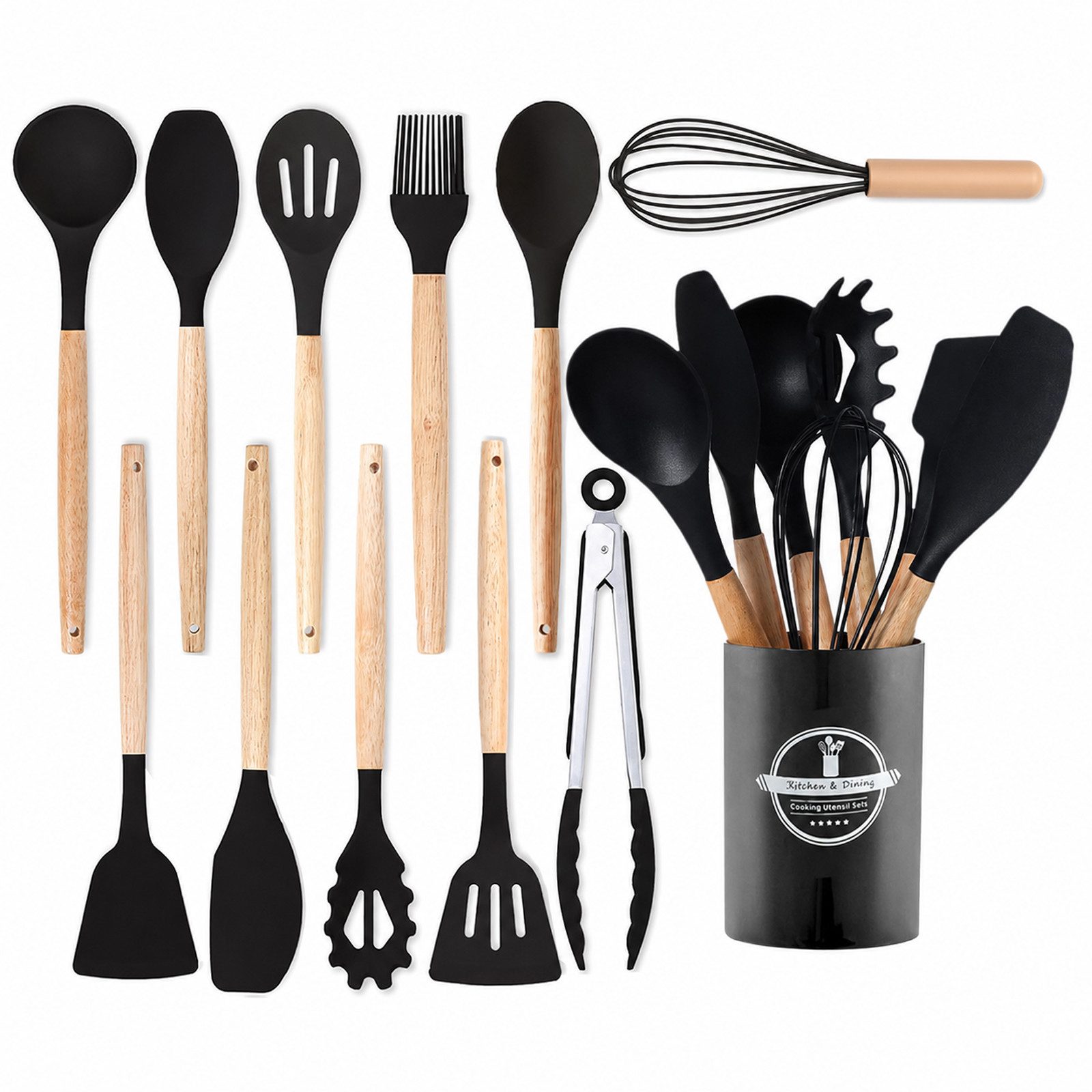 OKWISH Kochbesteck-Set 12er Küchenutensilien Set Küchenhelfer Kochgeschirrset (mit Hitzebeständigem Holzgriff und Aufhängeschlaufe, 12-tlg., Kochbesteck, Silikon und Holz), BPA-frei für Kochen Braten Schöpfen Mischen und Backen usw